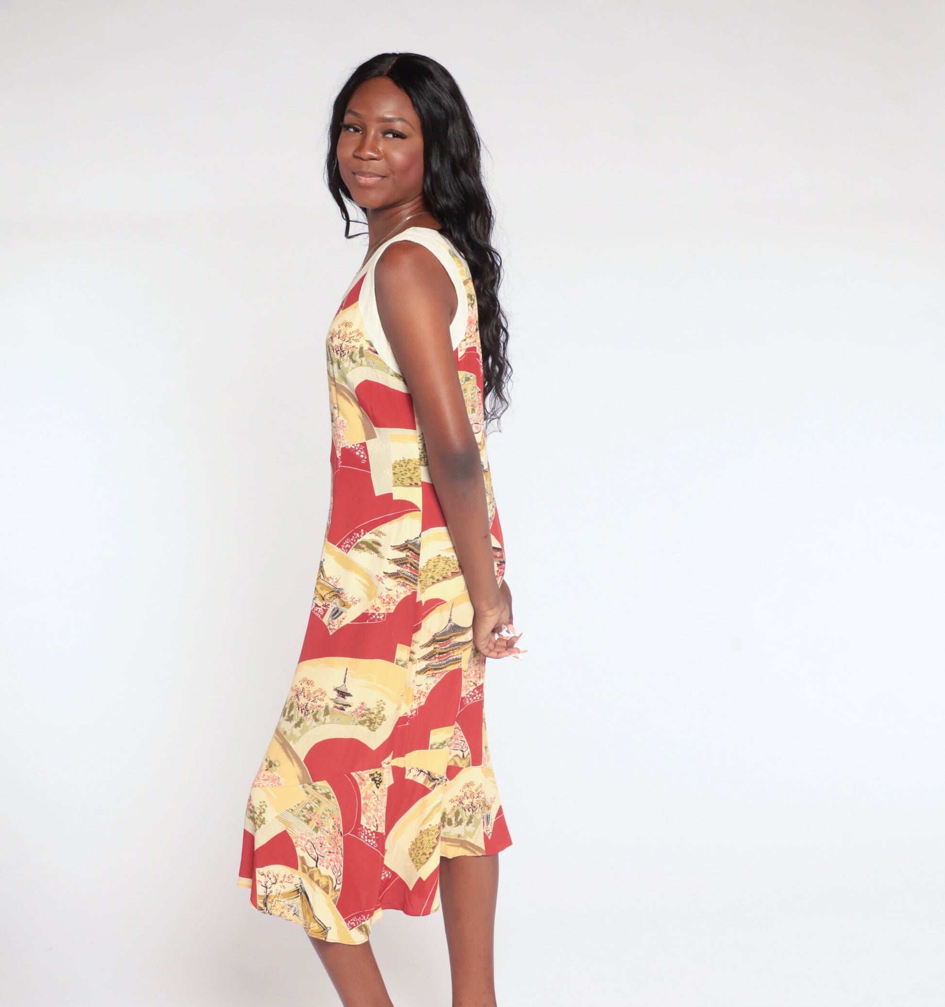 90s Red Midi Dress Asian Pagoda Print Sleeveless V-Neck Small S