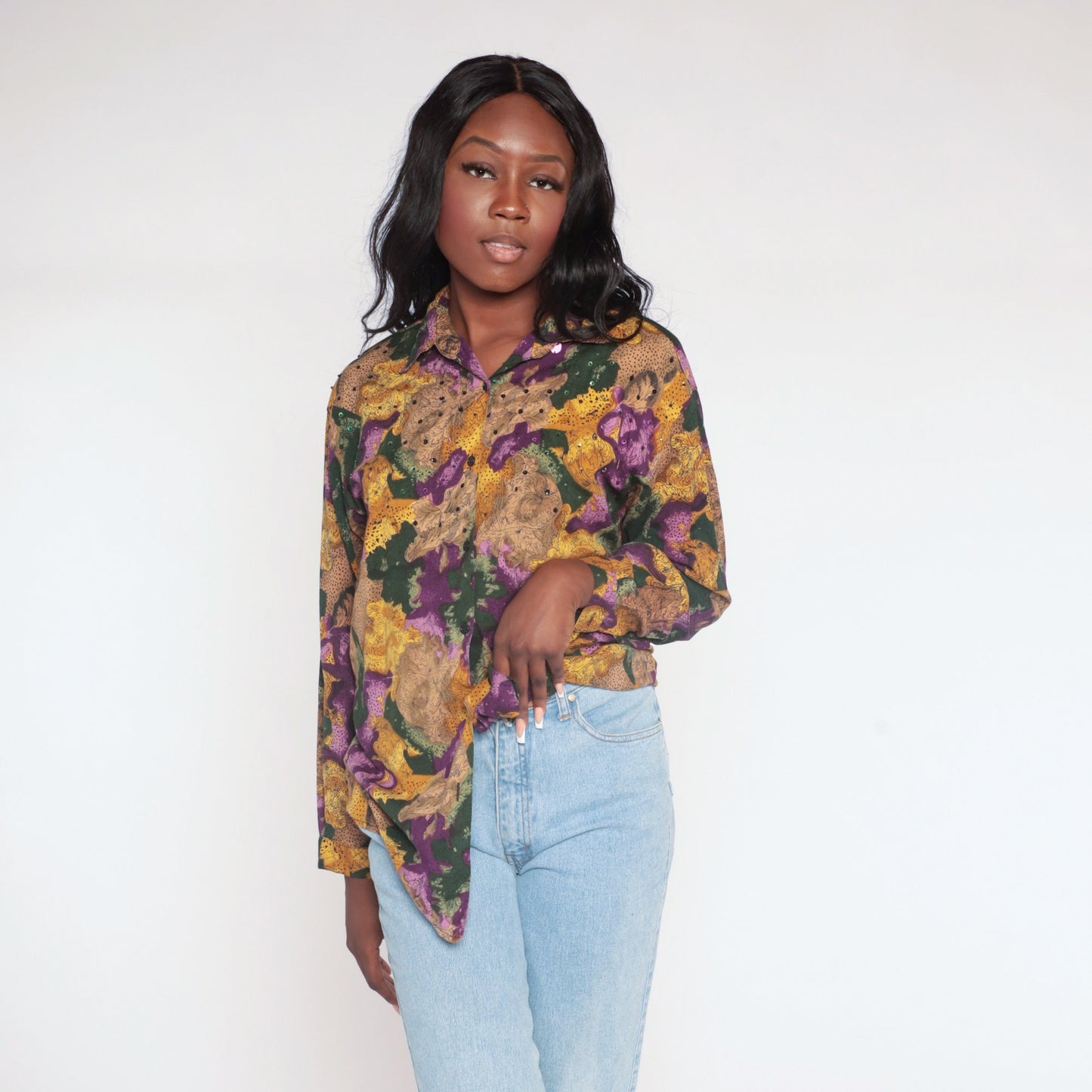 90s Floral Sequin Button Up Blouse Abstract Print Collared Long Sleeve Small