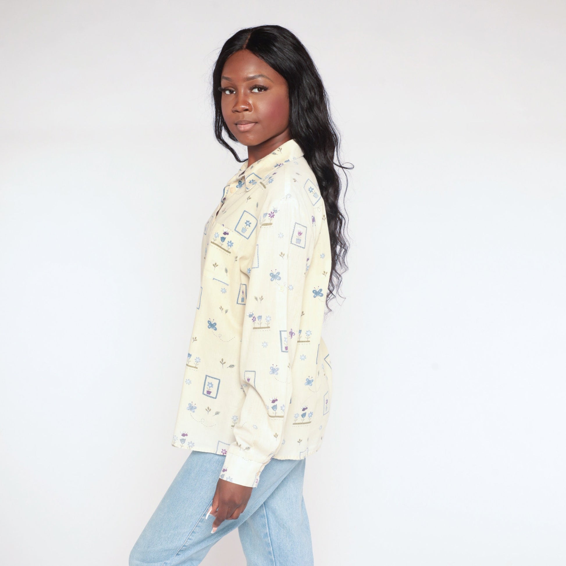 90s Yellow Butterfly Flower Print Button-Up Blouse Long Sleeve Large L