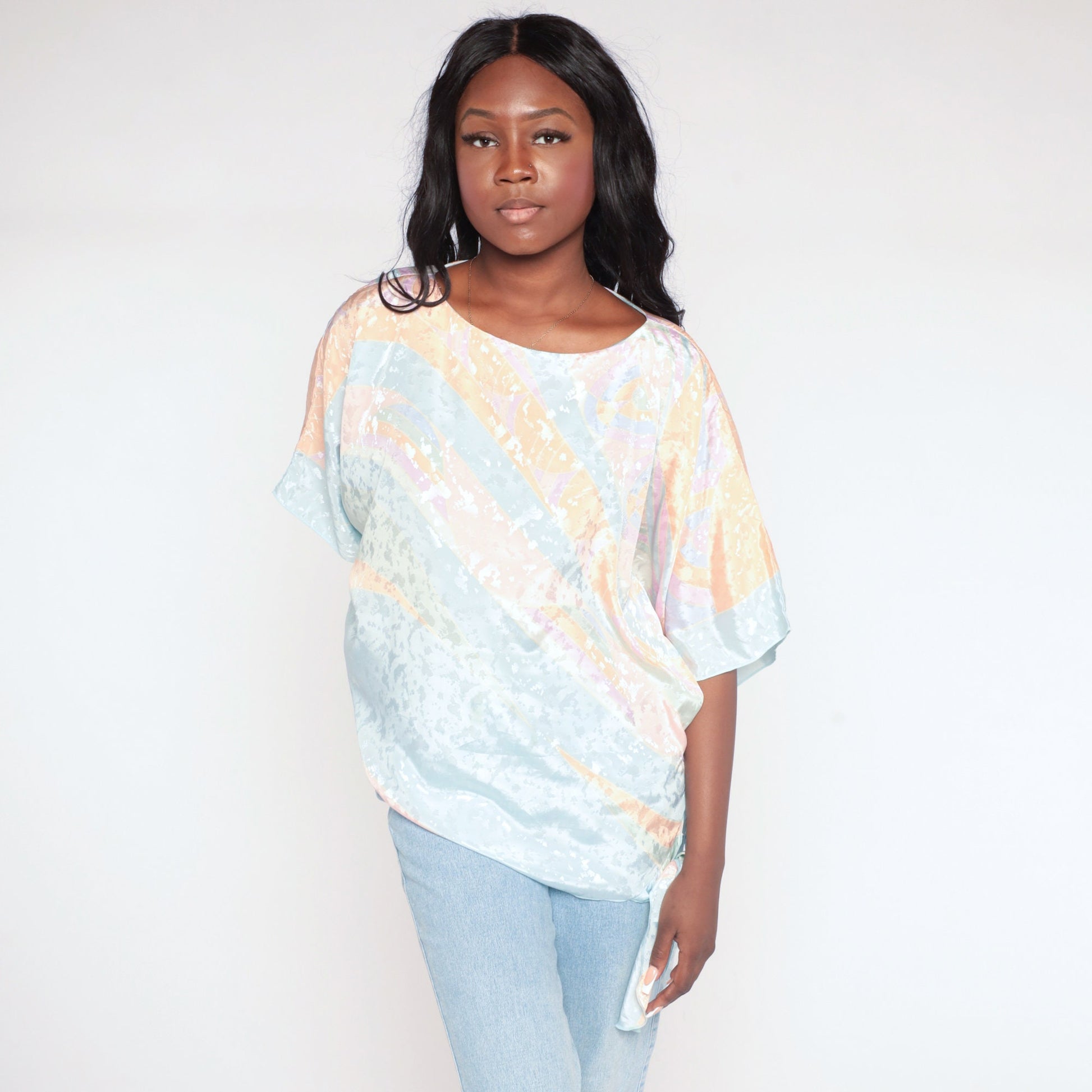 80s Pastel Striped Blouse Blue Orange Embossed Wide Sleeve Side Tie Medium