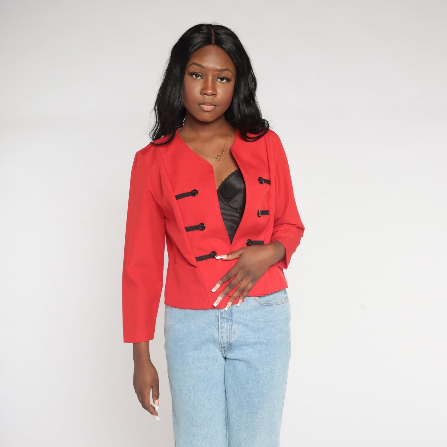 80s Red Cropped Blazer Black Button Open Front Jacket Small