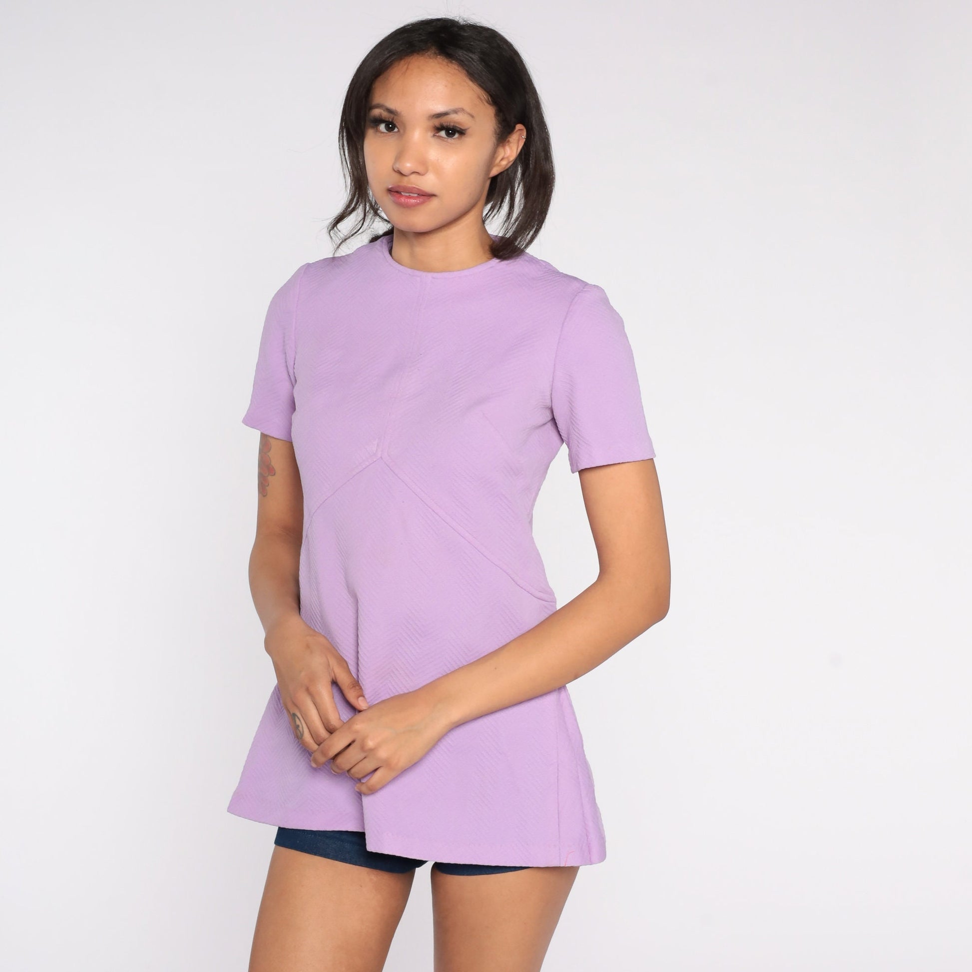 70s Lavender Mod Shirt Short Sleeve Empire Waist Blouse Small S