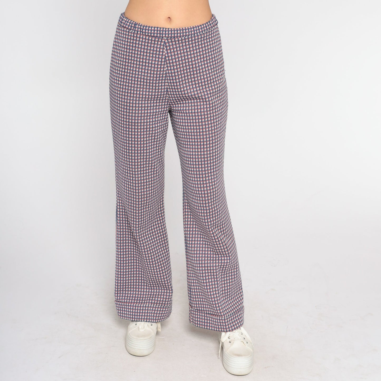 70s Checkered Bell Bottom Trousers Red White Blue High Waist Flared Pants Medium