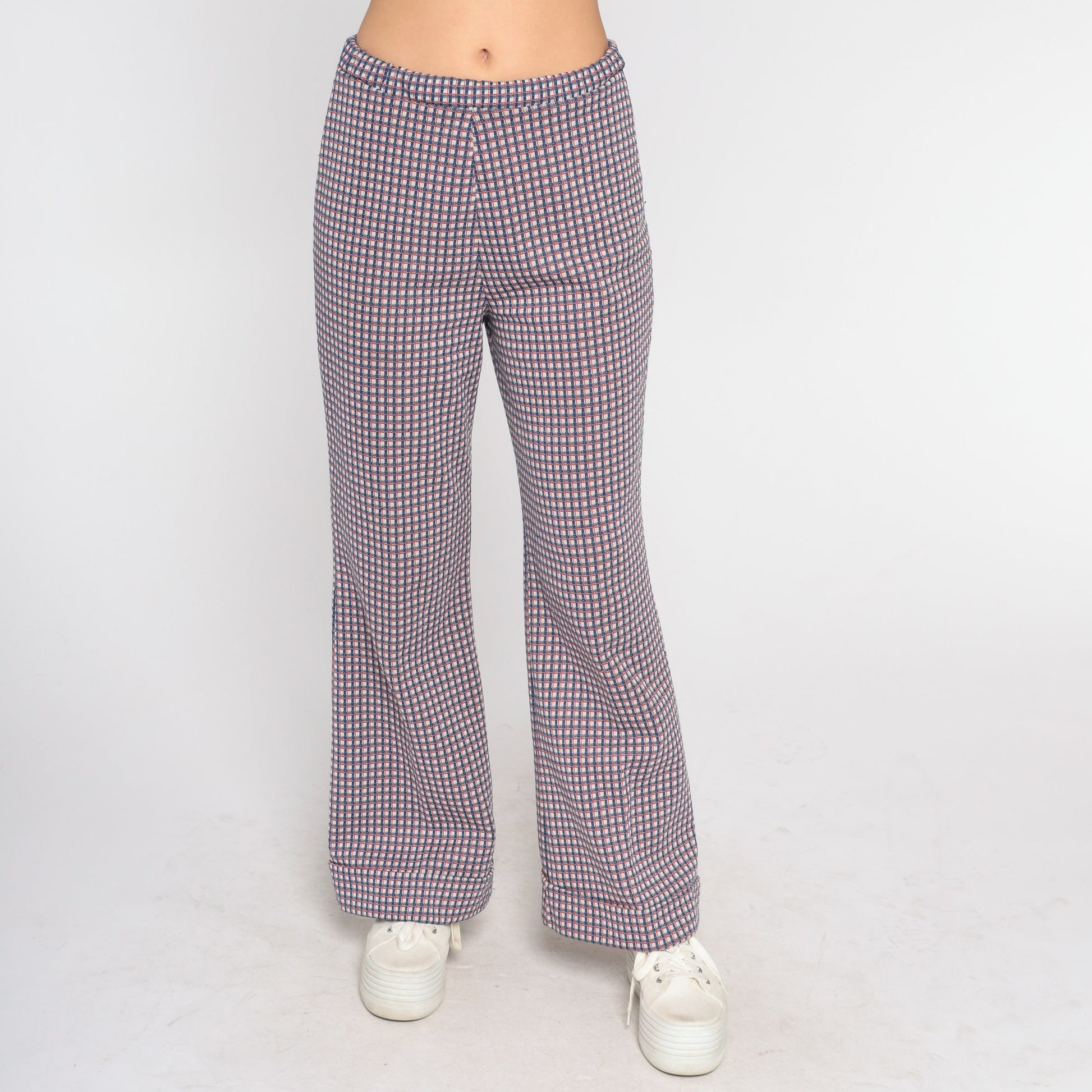 70s Checkered Bell Bottom Trousers Red White Blue High Waist Flared Pants Medium