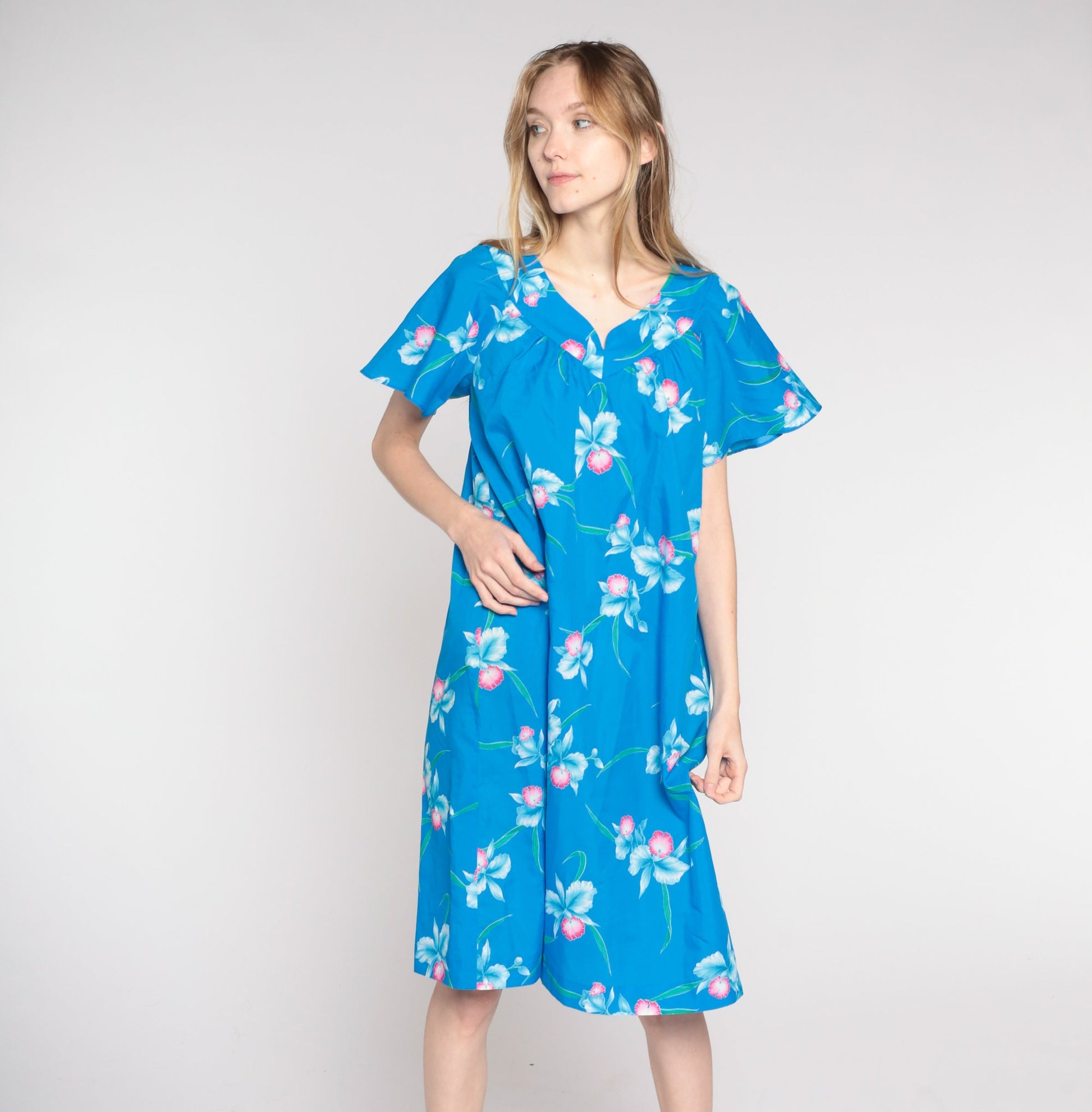 80s Blue Floral Shift Dress Flutter Sleeve Midi Large