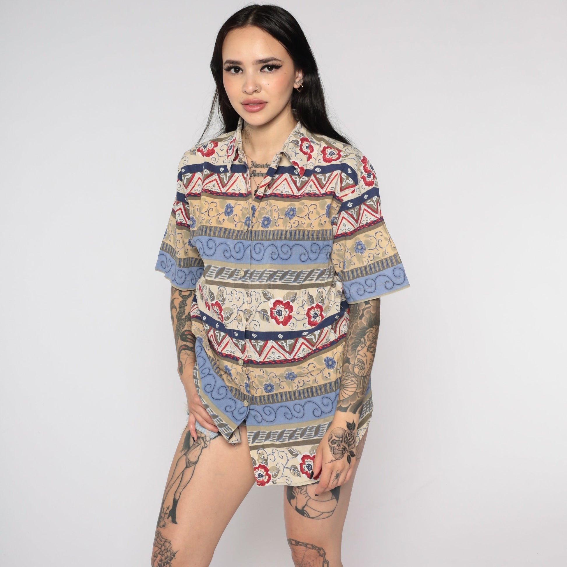 90s Floral Geometric Print Button-Up Blouse Blue Beige Short Sleeve Medium