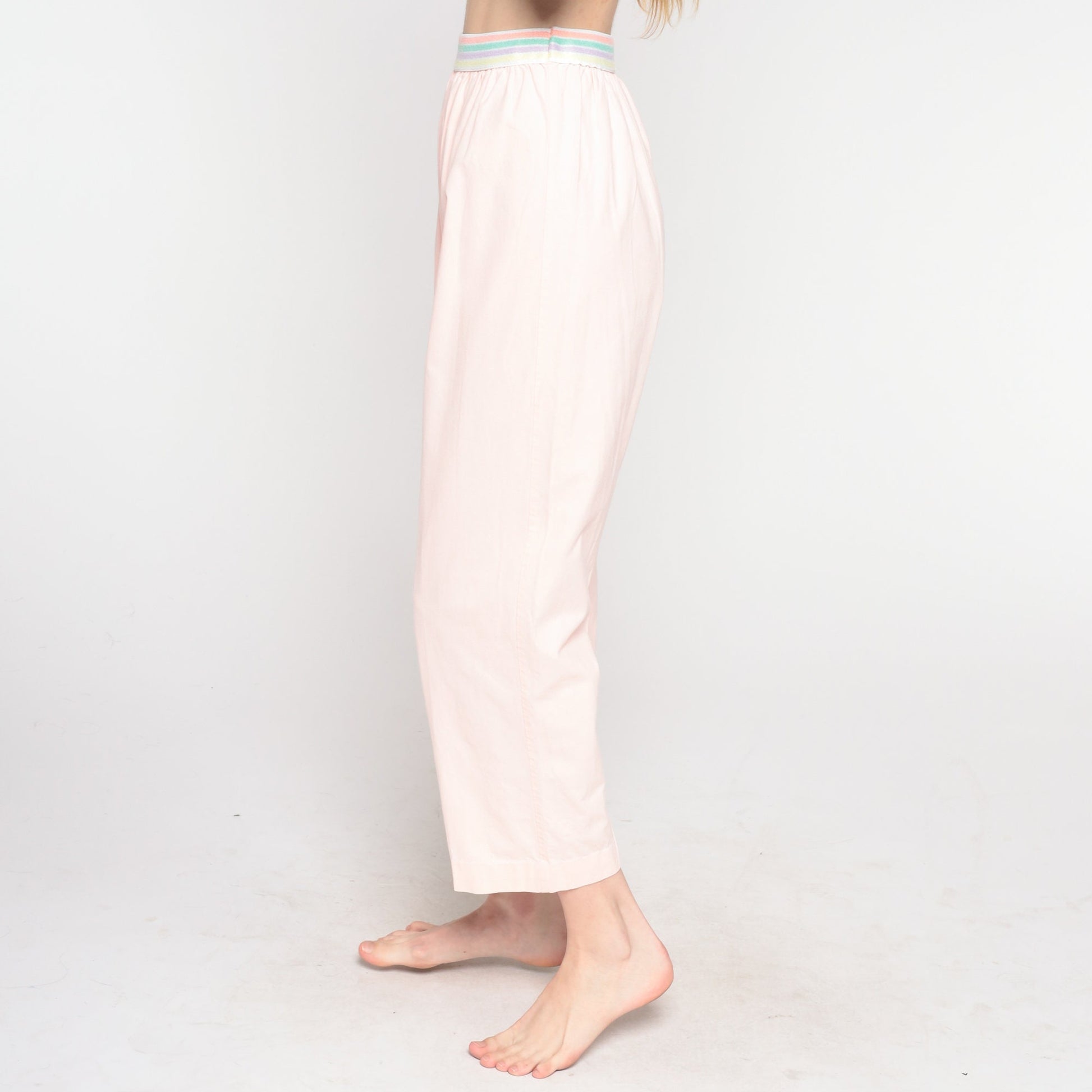 80s Baby Pink Striped Elastic Waist Tapered Trousers Small
