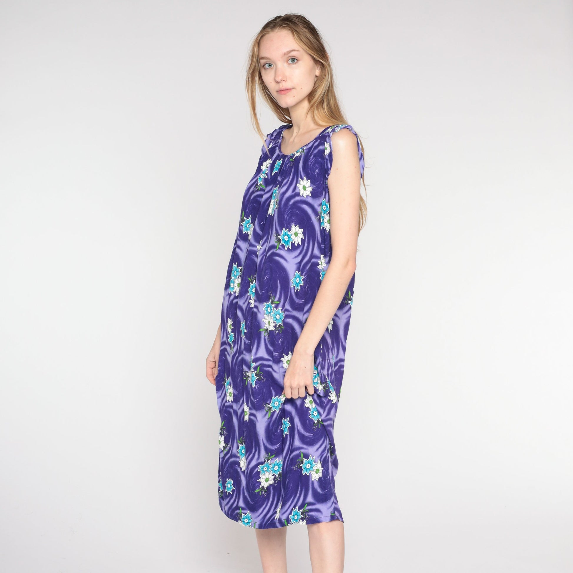 00s Purple Floral Swirl Midi Shift Dress Cap Sleeve Large L