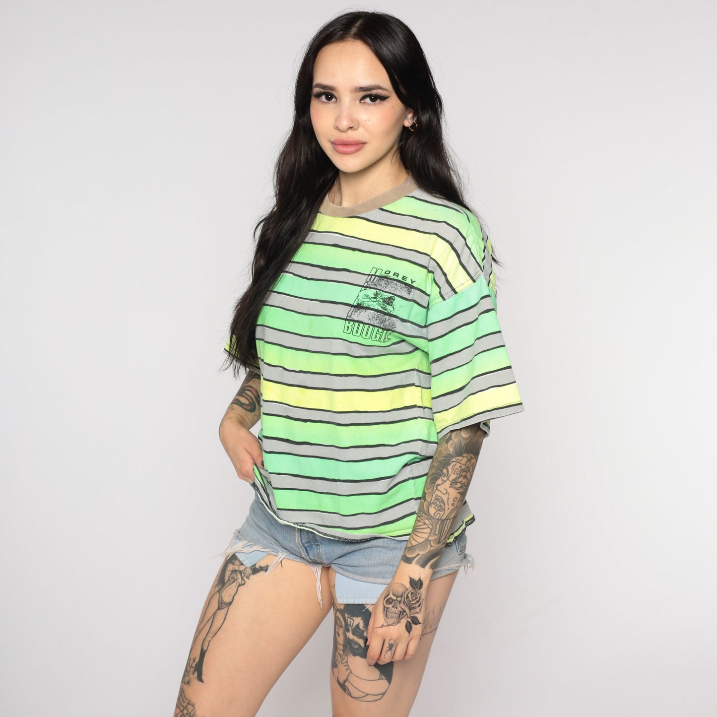 90s Morey Boogie Neon Surfer Graphic T-Shirt Green Striped Small