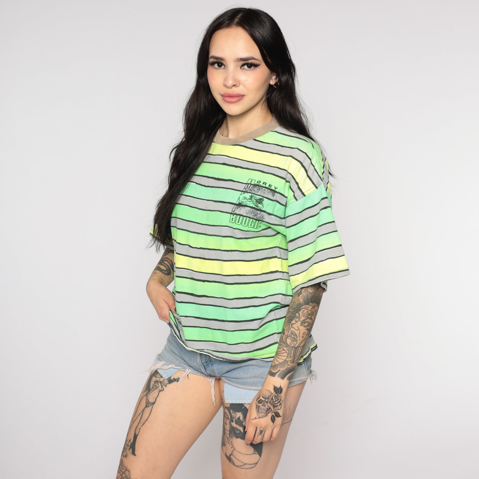 90s Morey Boogie Neon Surfer Graphic T-Shirt Green Striped Small