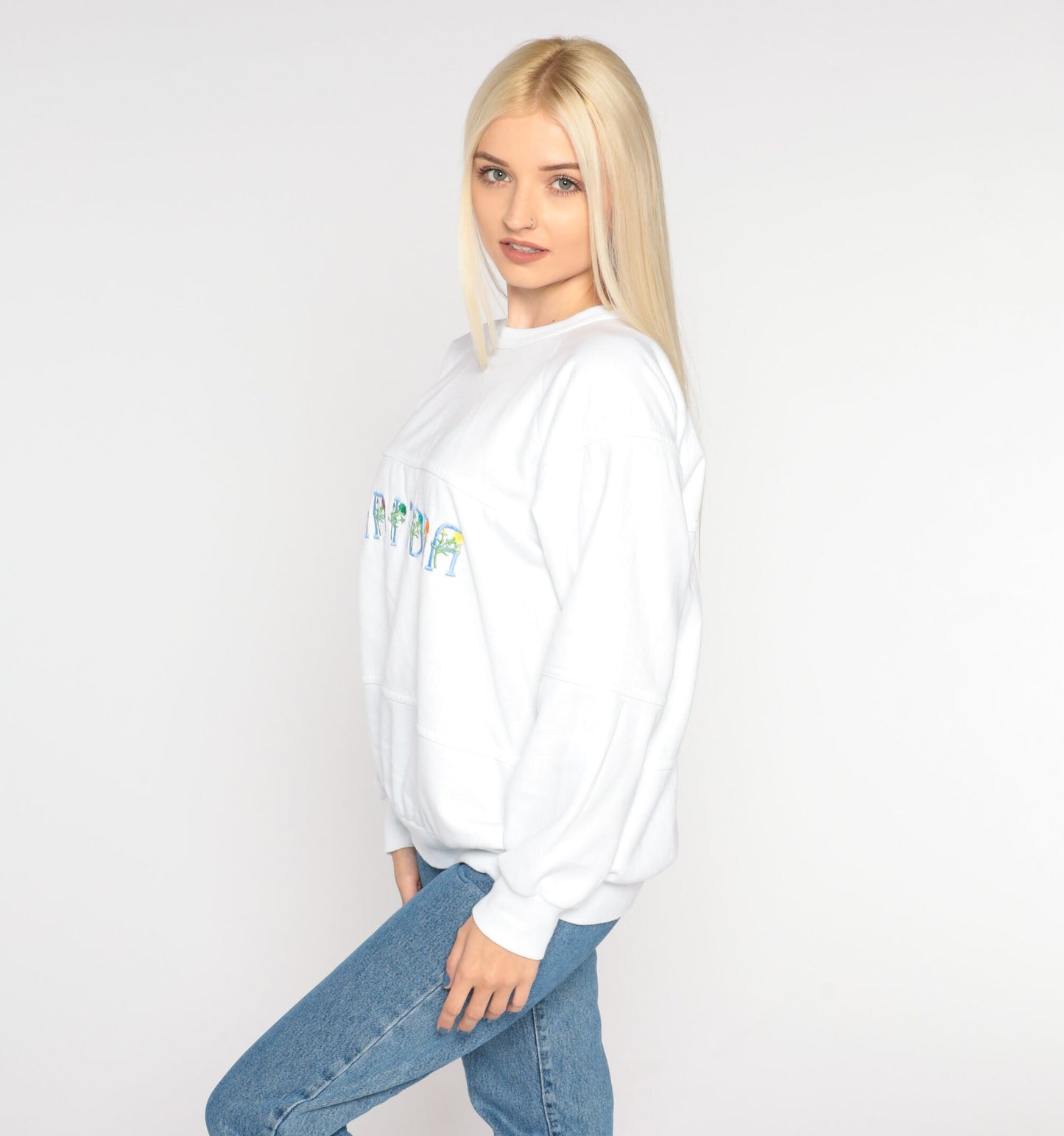 90s Arizona Floral Embroidered Sweatshirt White Raglan Crewneck Large L
