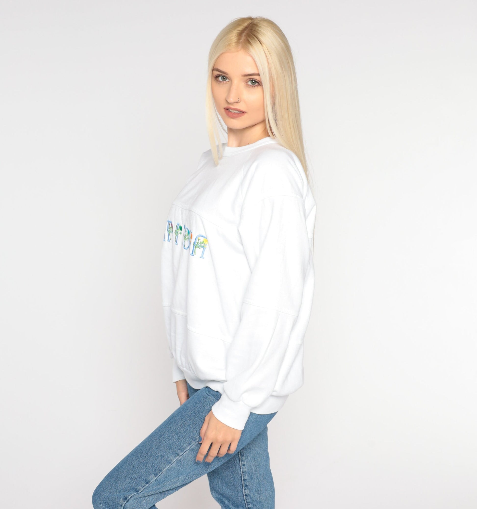 90s Arizona Floral Embroidered Sweatshirt White Raglan Crewneck Large L
