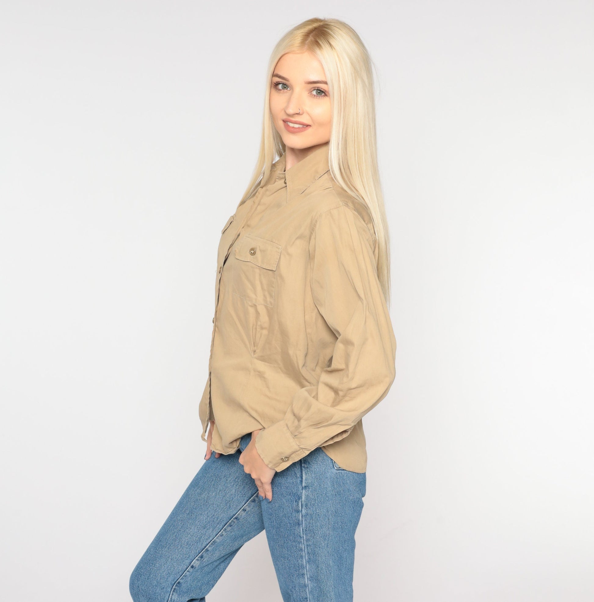 90s Tan Button-Up Shirt Long Sleeve Collared Blouse Small