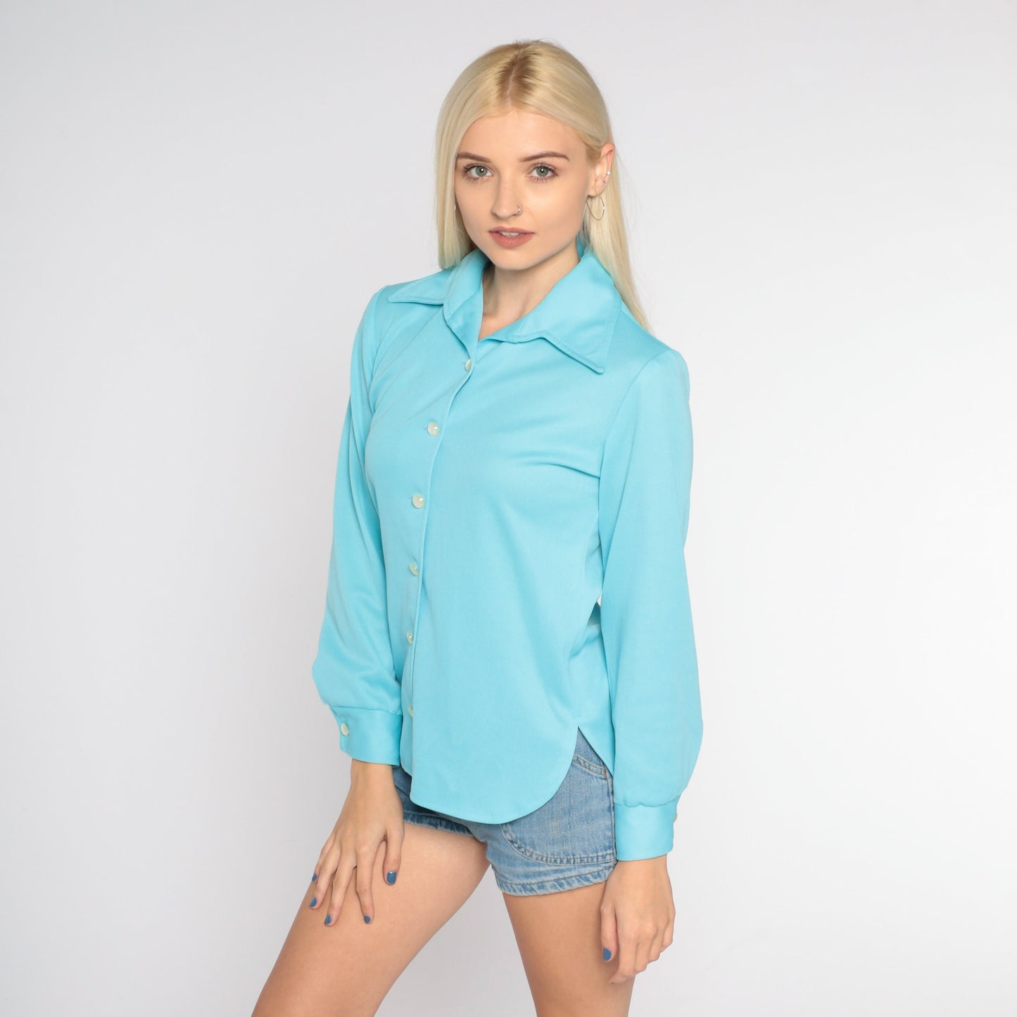 70s Blue Dagger Collar Button-Up Blouse Long Sleeve Small S