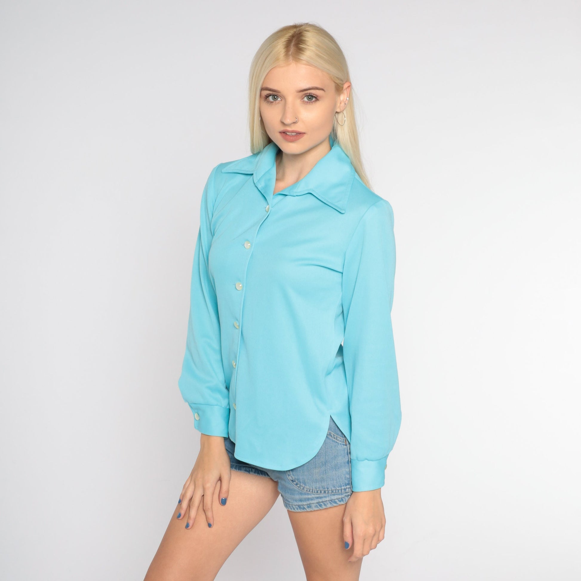 70s Blue Dagger Collar Button-Up Blouse Long Sleeve Small S