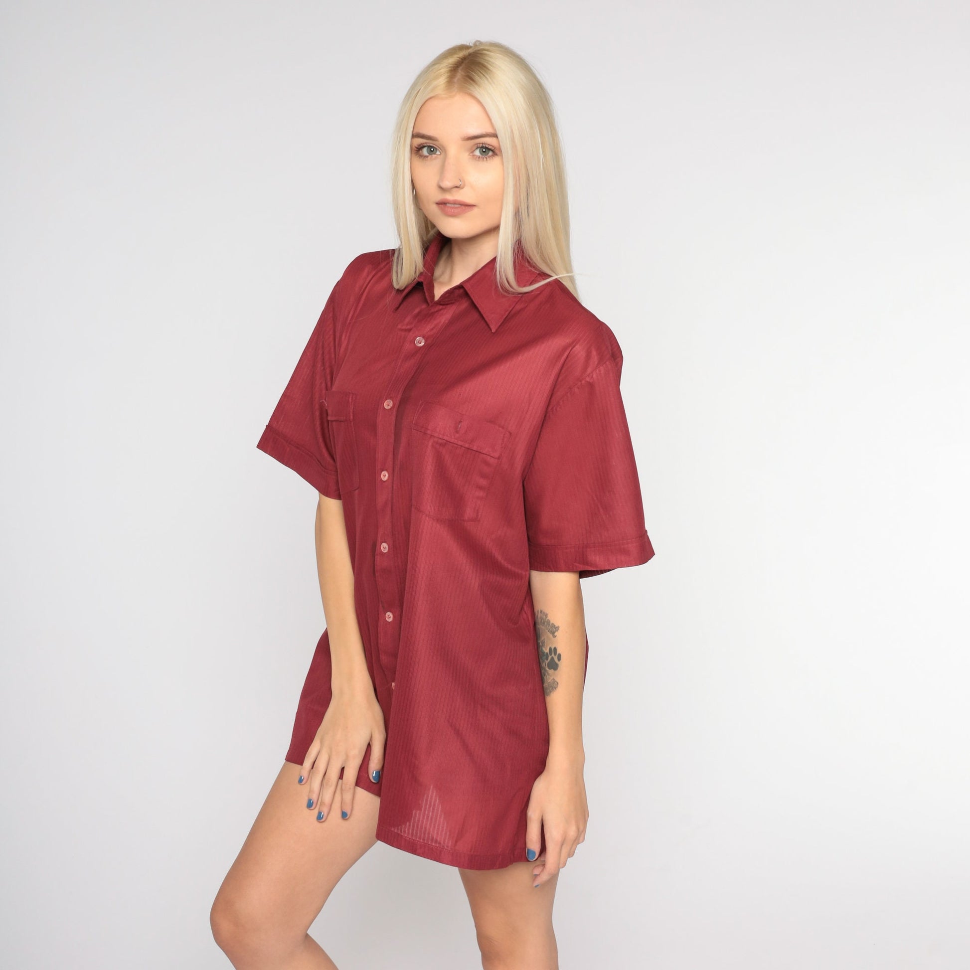 70s Red Button-Up Shirt Short Sleeve Collared Disco Top Large L