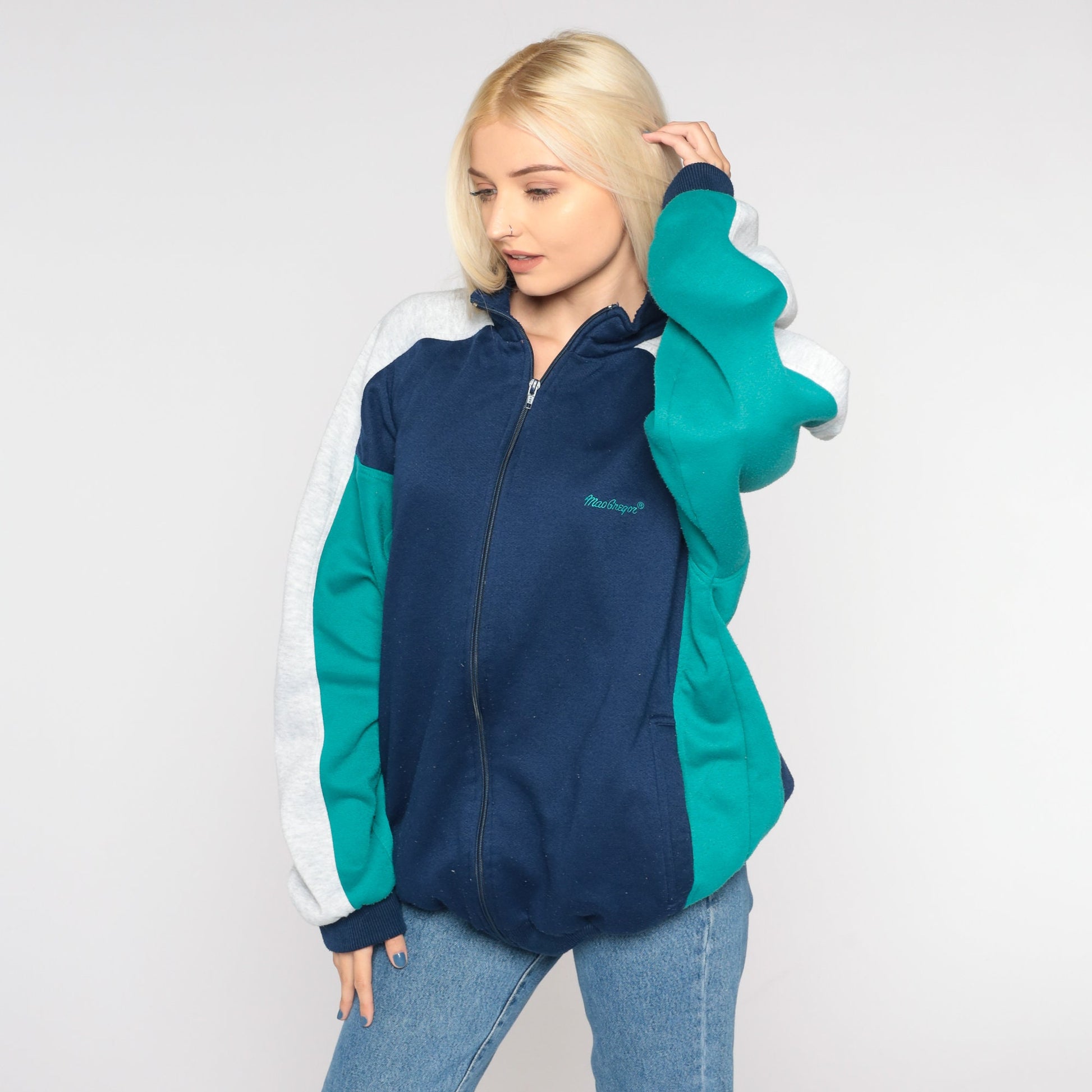 80s MacGregor Track Jacket Zip Up Sweatshirt Blue Green Colourblock Large L