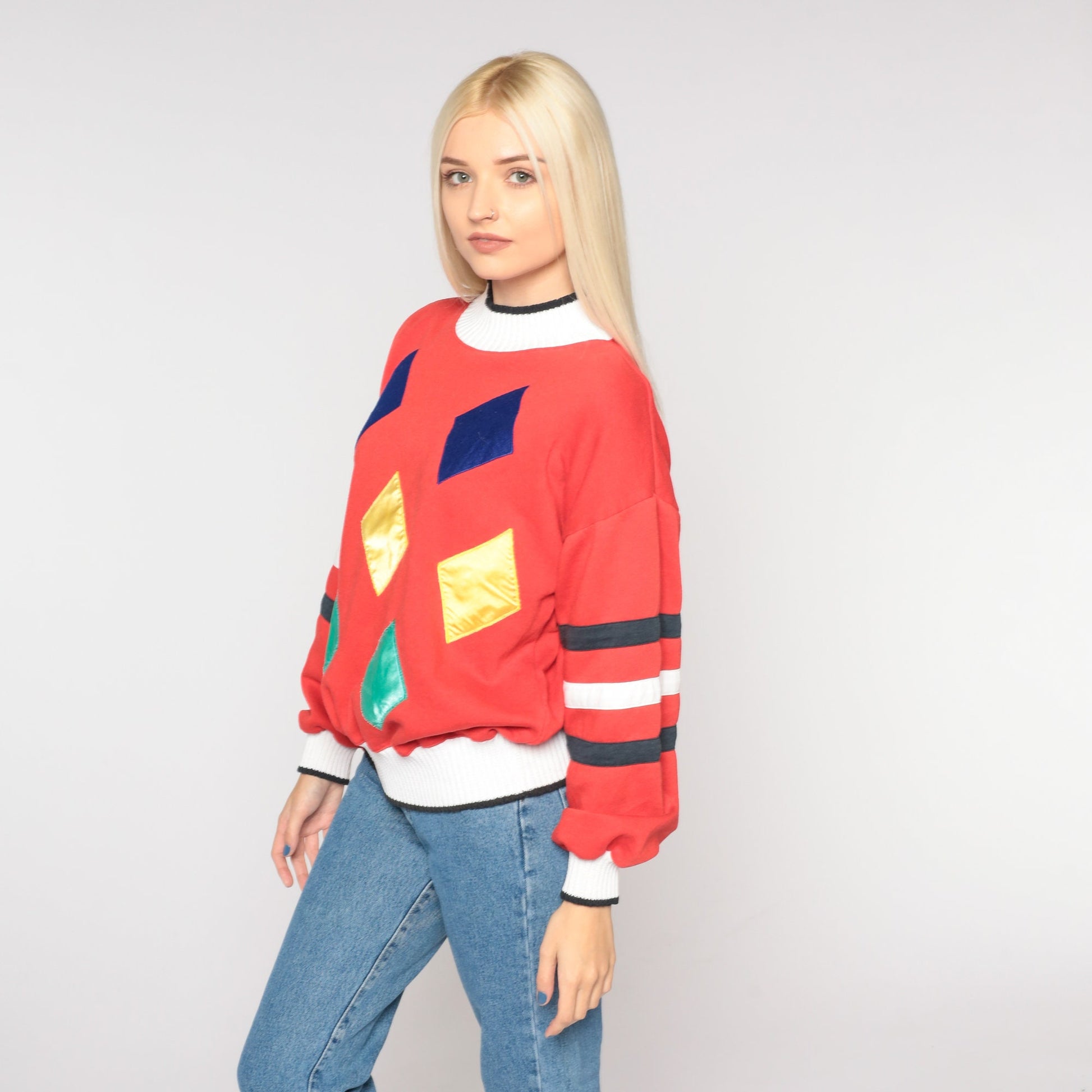 90s Diamond Print Red Sweatshirt Crewneck Geometric Pullover Small S