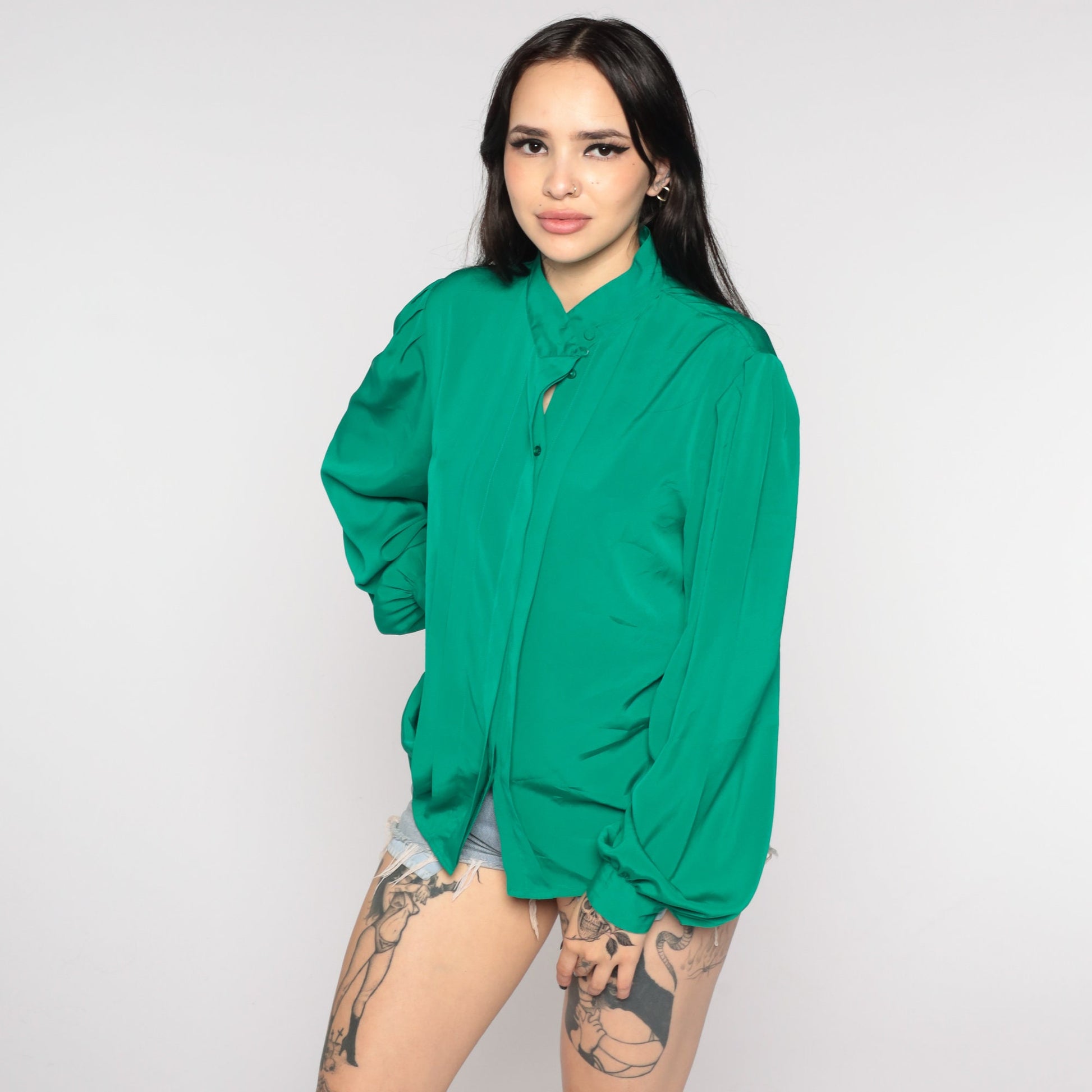 80s Green Pleated Blouse Puff Sleeve Collared Button-Up Medium