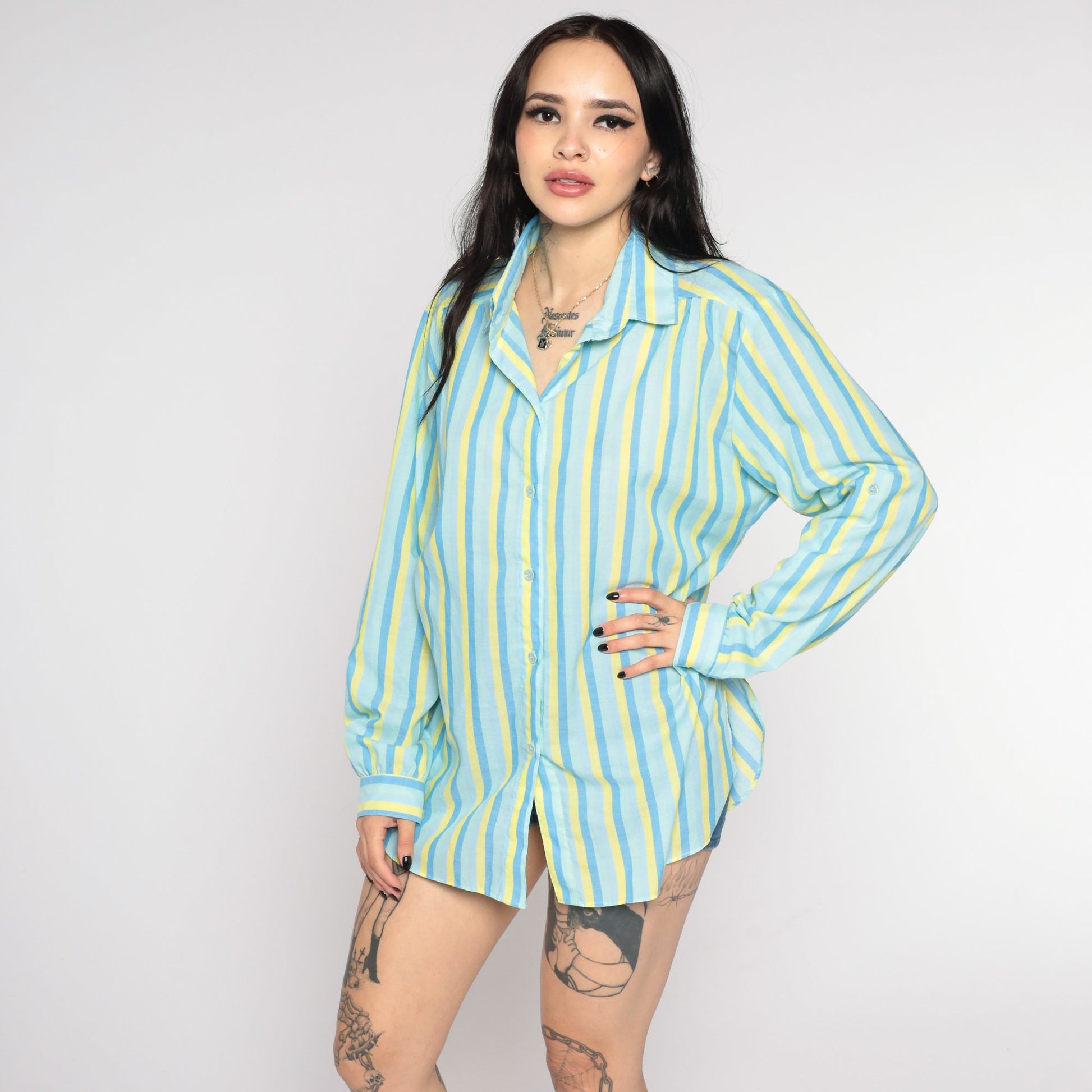 80s Blue & Yellow Striped Button-Up Blouse Notched Collar Long Sleeve Medium