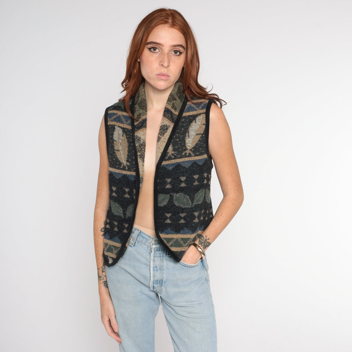 90s Tapestry Vest Leaf Feather Print Open Front Sleeveless Small