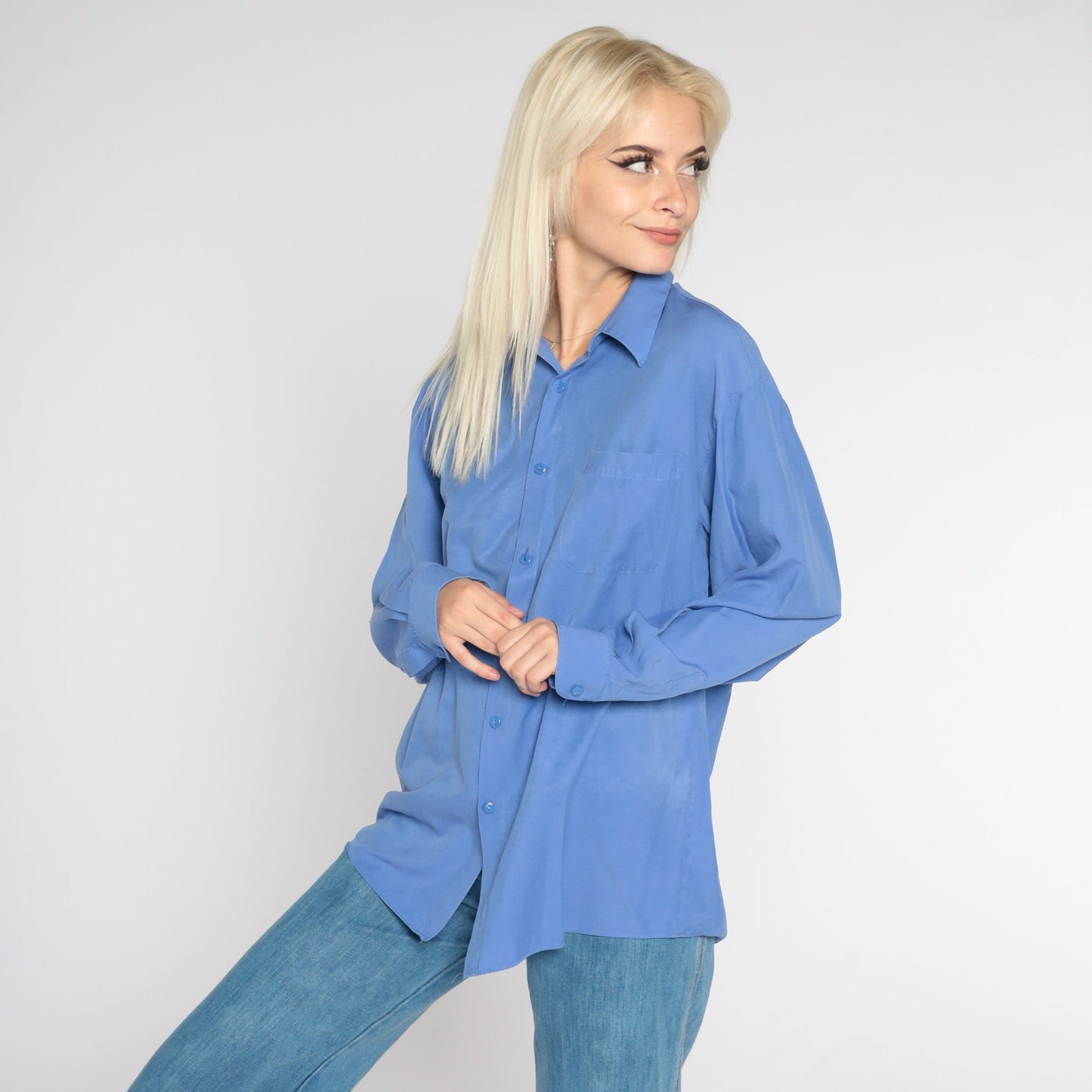 Y2K Blue Button-Up Shirt Long Sleeve Collared Oxford Extra Large