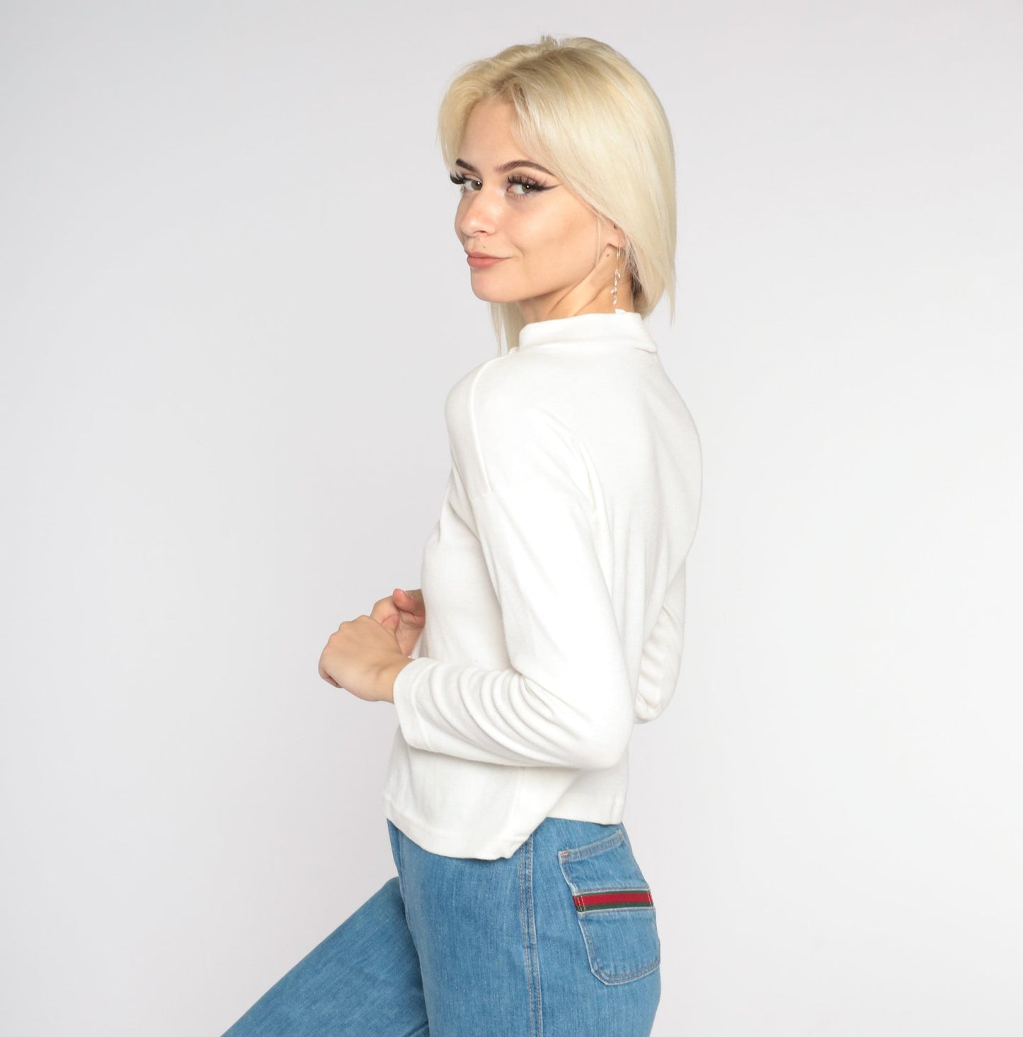 90s Painted Horse Henley Long Sleeve T-Shirt White Glitter Graphic Small S