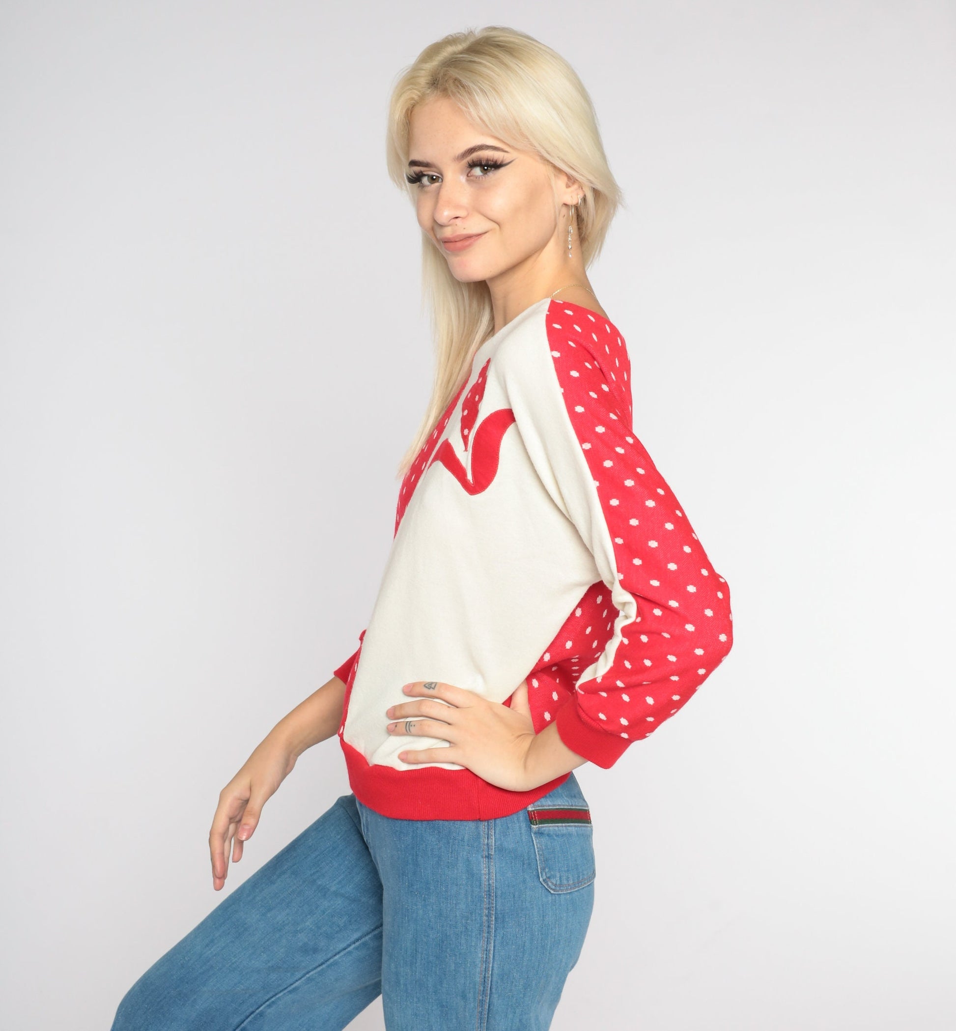 80s Red Polka Dot Sweatshirt Cream Floral Appliqué Pullover Small