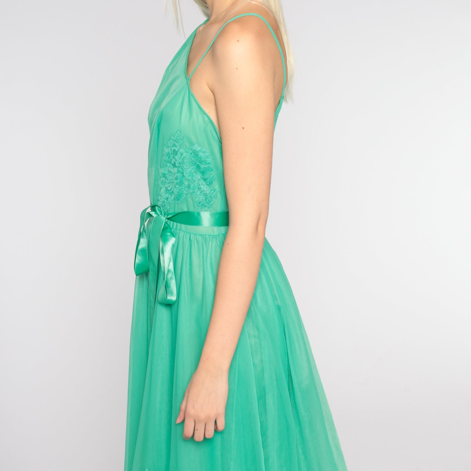 1960s One-Shoulder Slip Dress Green Floral Lace Midi Small