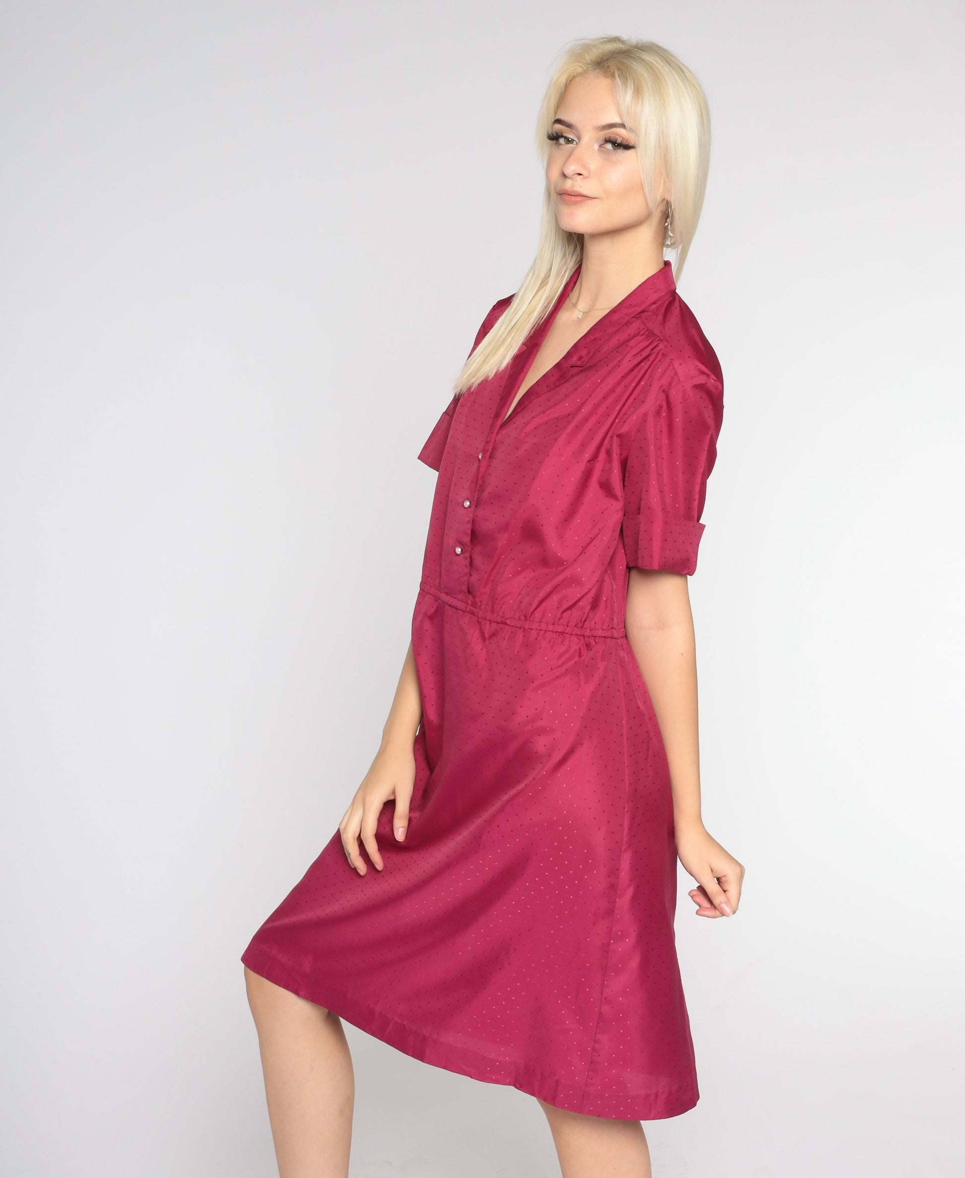 80s Berry Red Shirtwaist Mini Dress Embossed Dots Button-Up Collar Medium Large