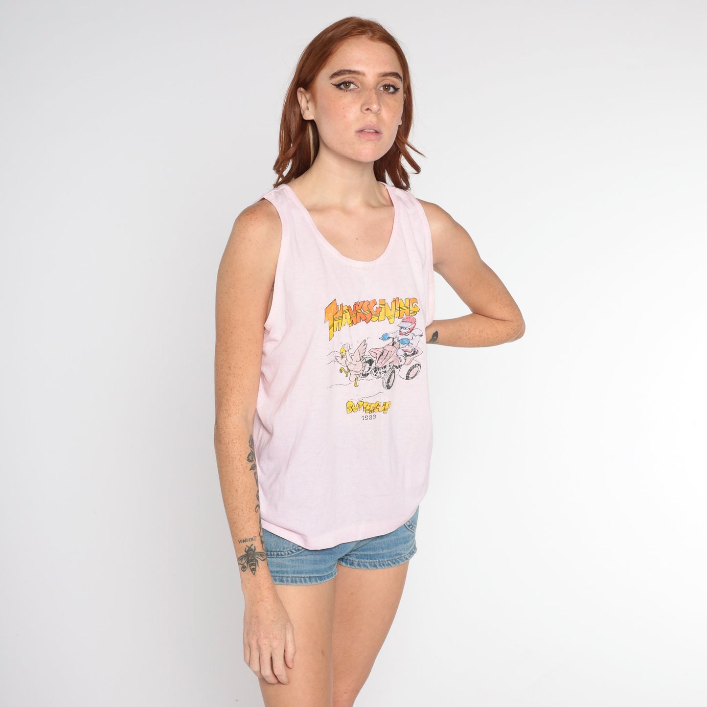 80s Turkey Hunt Thanksgiving Tank Top Graphic Sleeveless Tee Baby Pink Medium