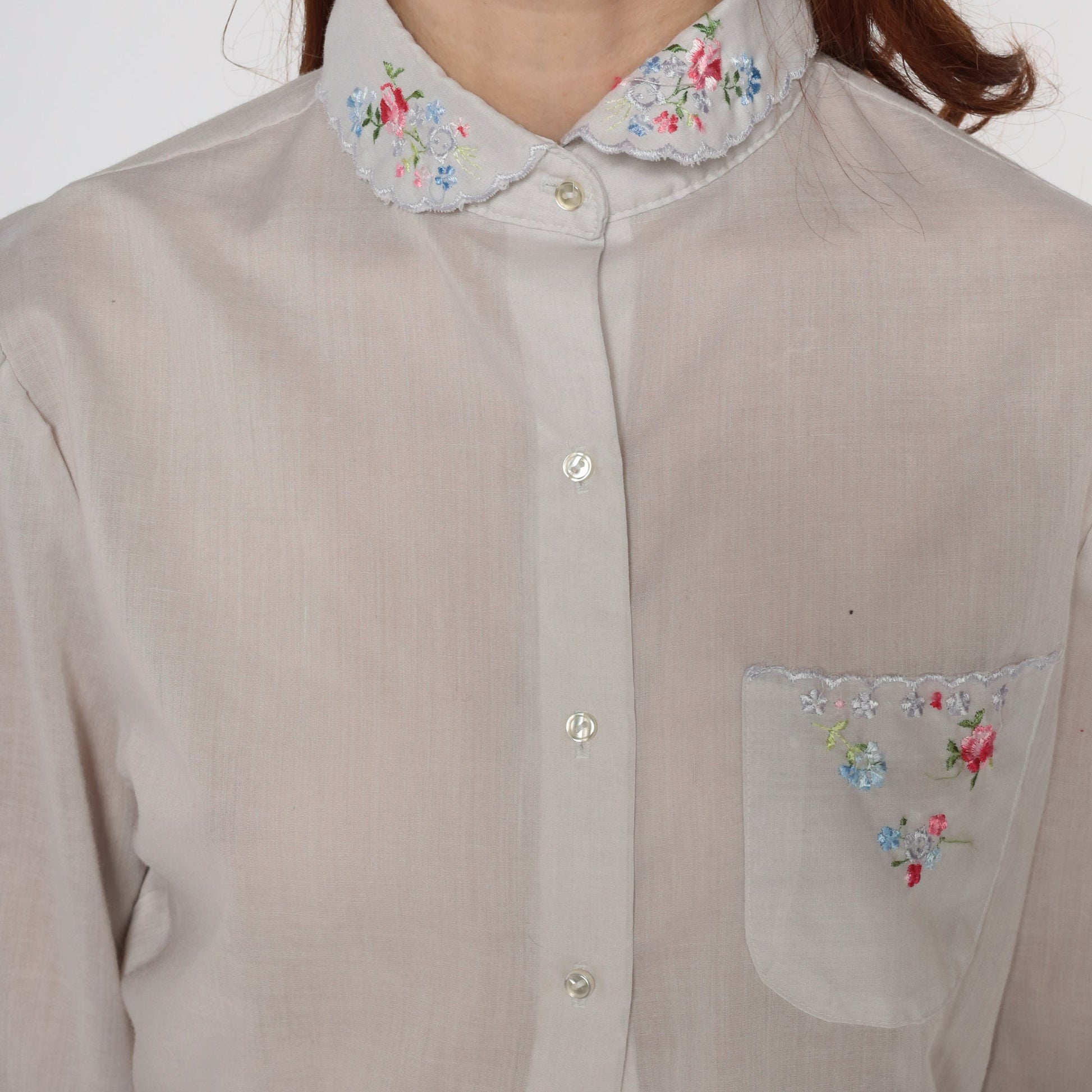 80s White Sheer Blouse Floral Embroidered Puff Sleeve Peter Pan Collar Small