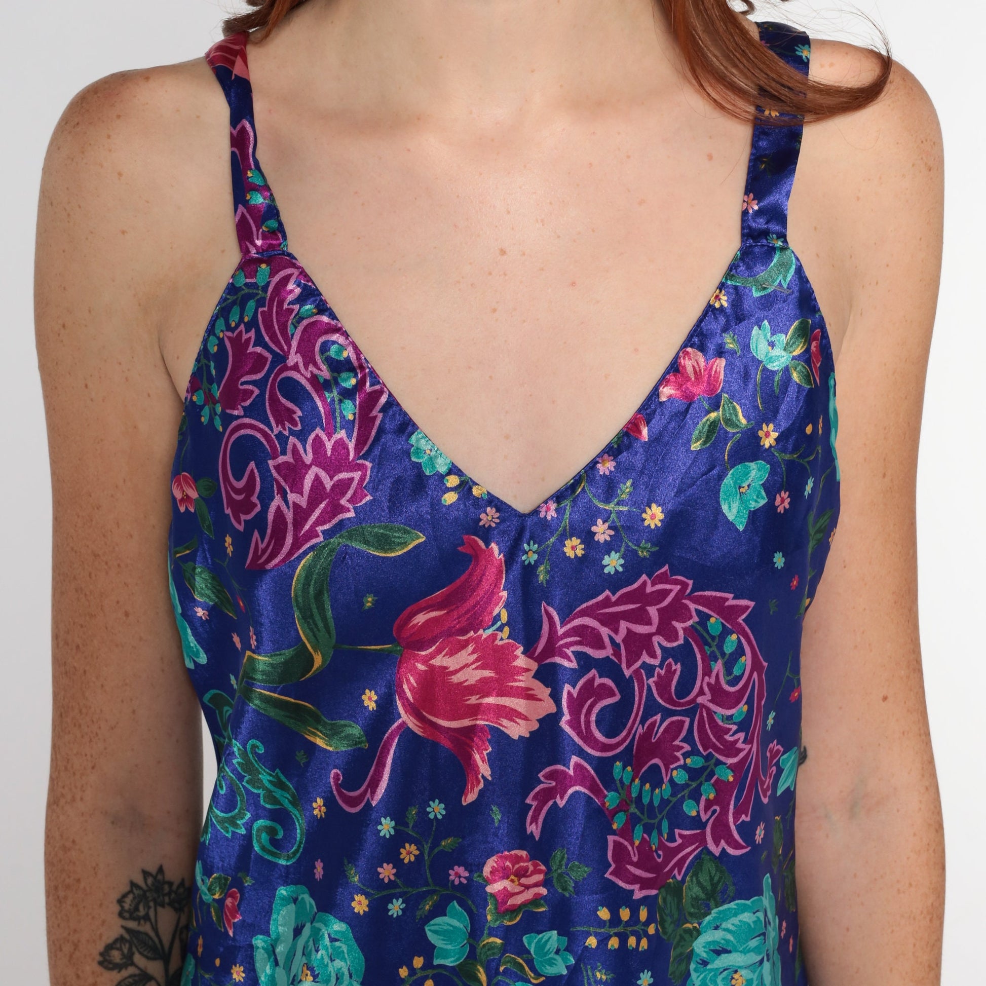 00s Floral Blue Mini Slip Dress Sleeveless V-Neck Nightgown Small Medium