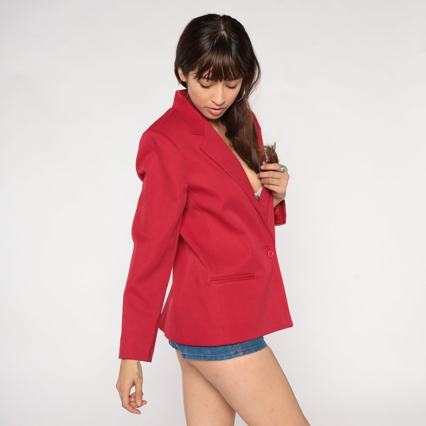80s Red Blazer Jacket Button-Up Solid Formal Office Wear Medium M