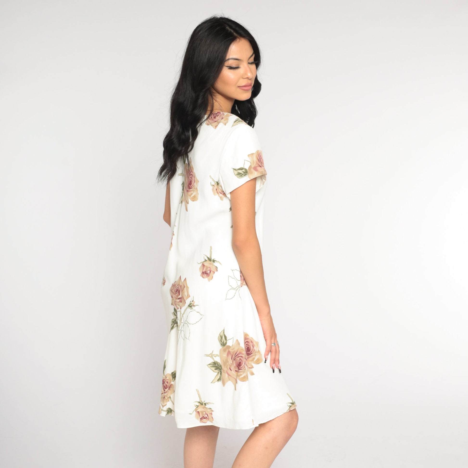 90s Jessica Howard Rose Print Mini Dress White Floral Short Sleeve Large L