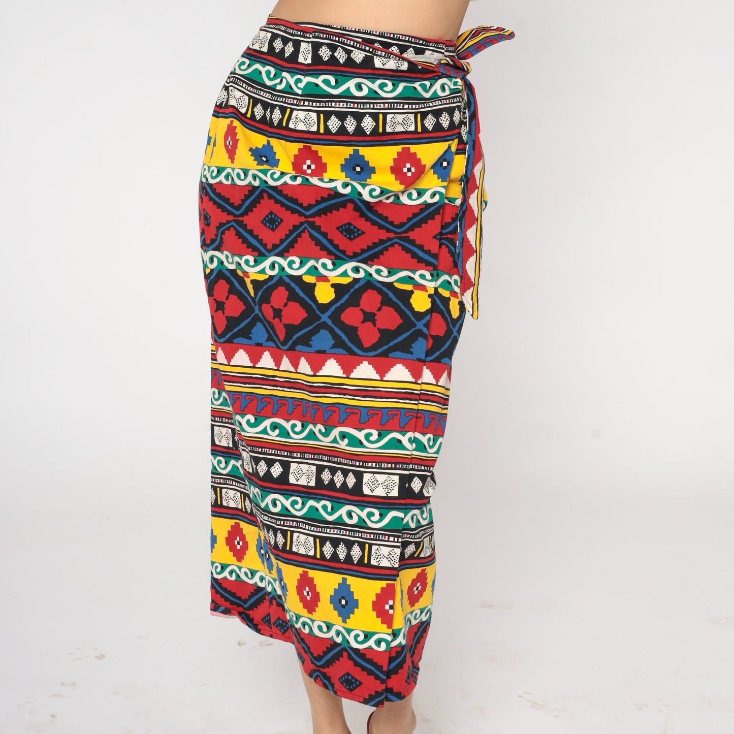 90s Geometric Aztec Print Wrap Midi Skirt Cotton Red Yellow Blue Medium M