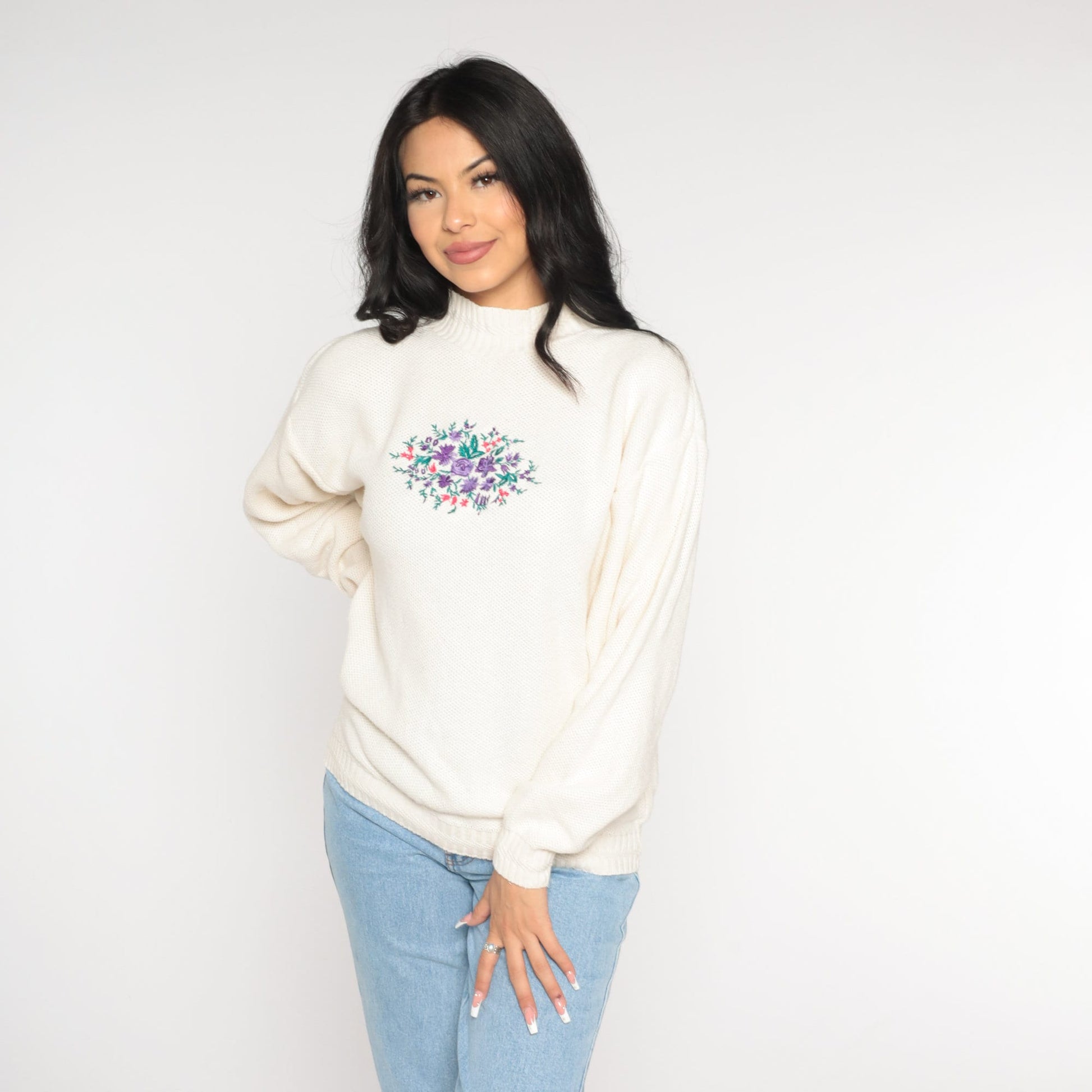 90s Isle of Cotton White Floral Embroidered Mockneck Sweater Large L