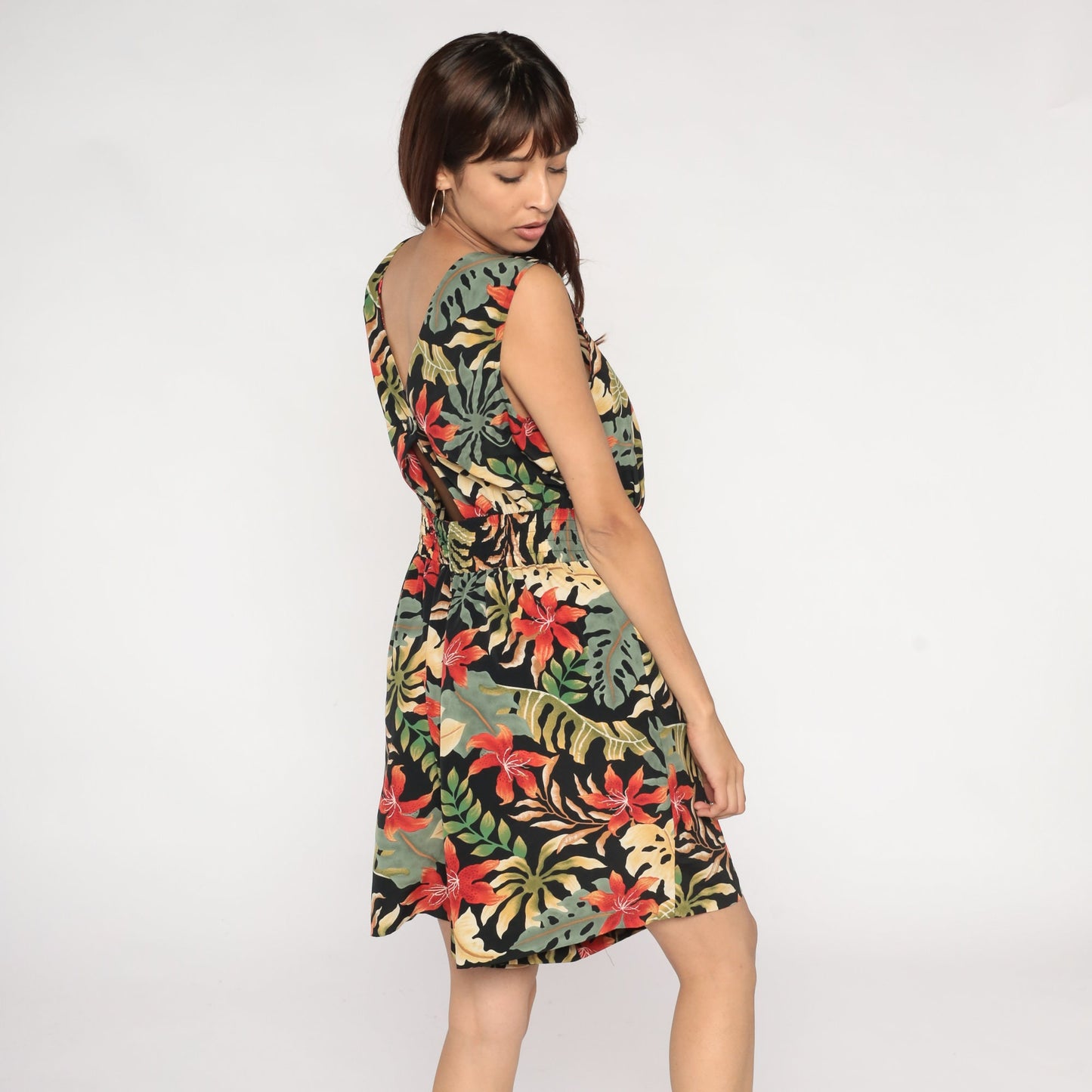 90s Black Tropical Floral Leaf Print Mini Dress Sleeveless Keyhole Back Large L