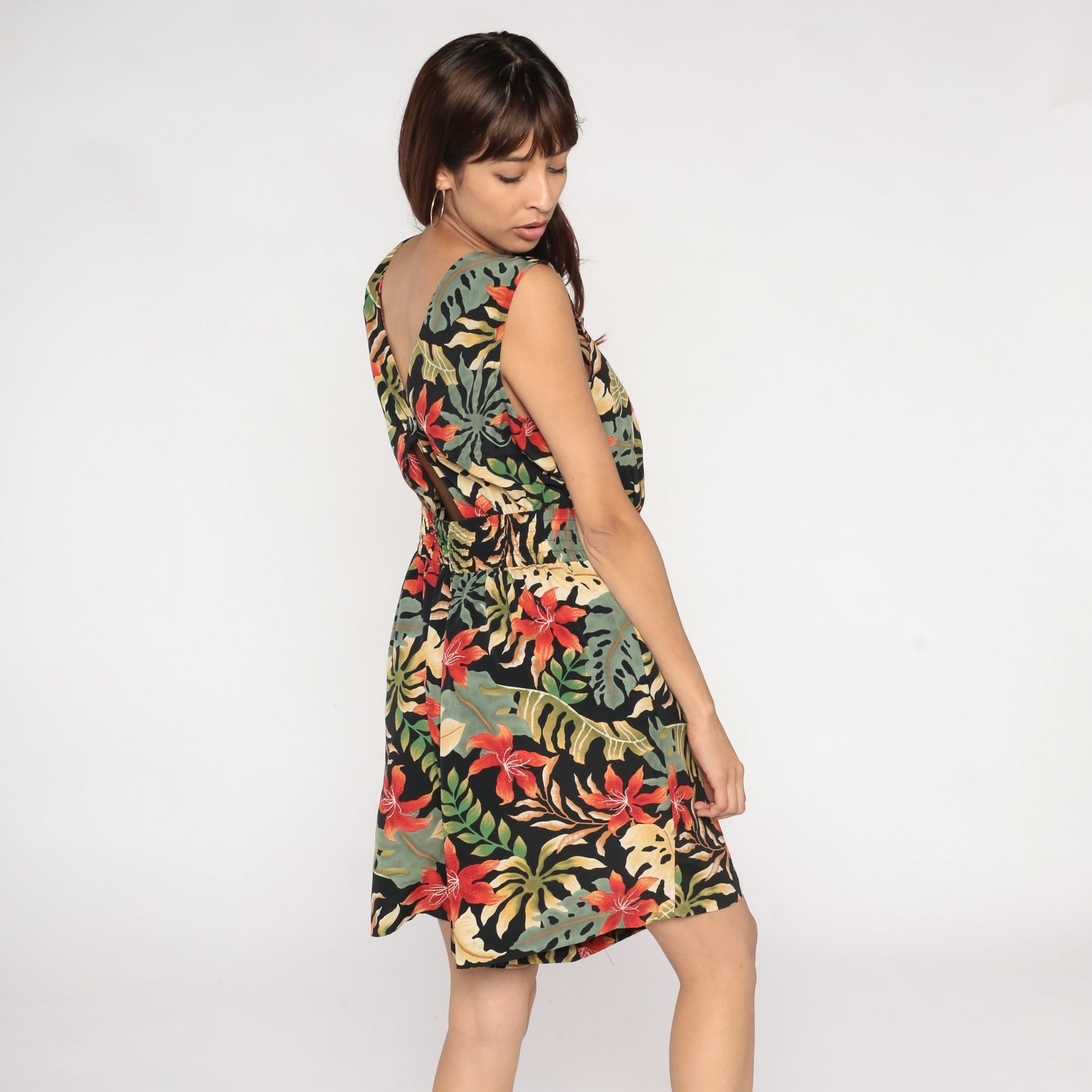 90s Black Tropical Floral Leaf Print Mini Dress Sleeveless Keyhole Back Large L