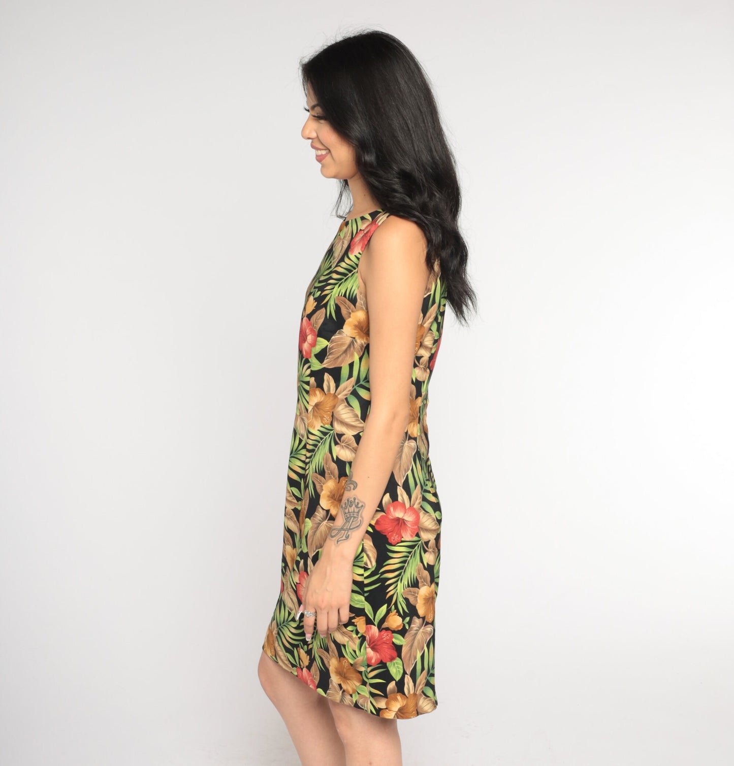90s Black Tropical Floral Mini Dress Shift Sleeveless Medium 8