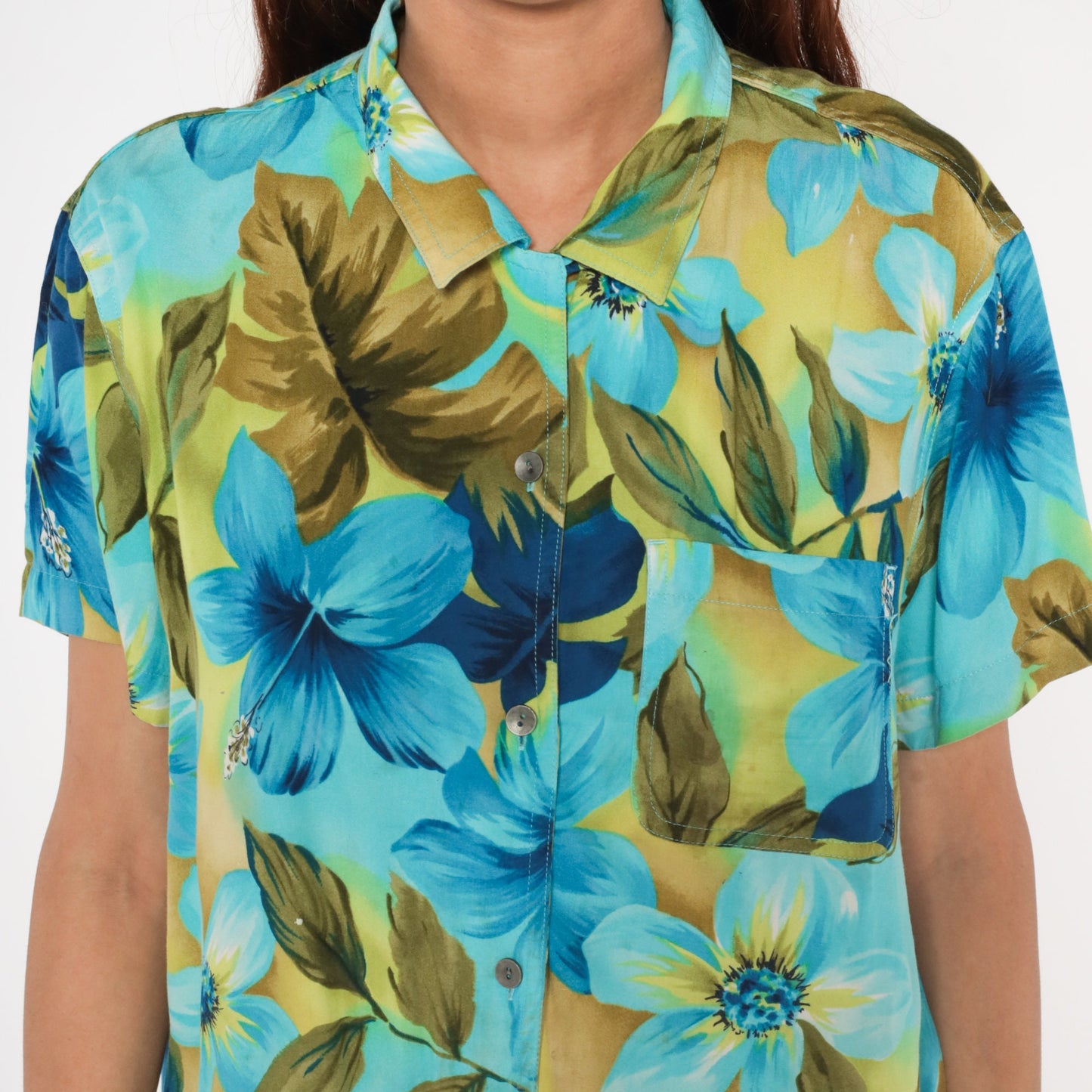 Y2K Liz Claiborne Tropical Floral Button-Up Blouse Blue Green Hibiscus Large L