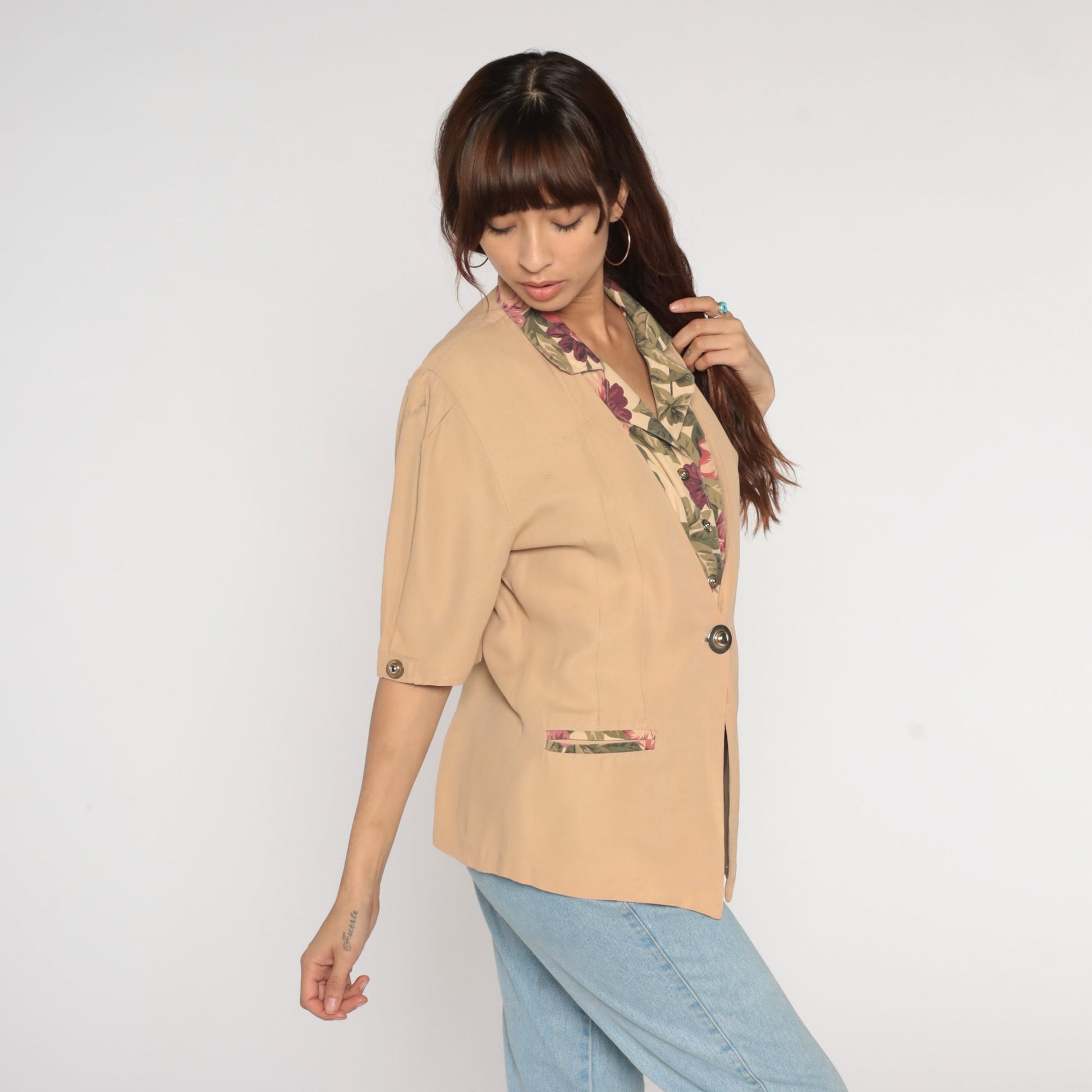 90s Tan Floral Button-Up Blouse Short Sleeve V-Neck Trim Large L