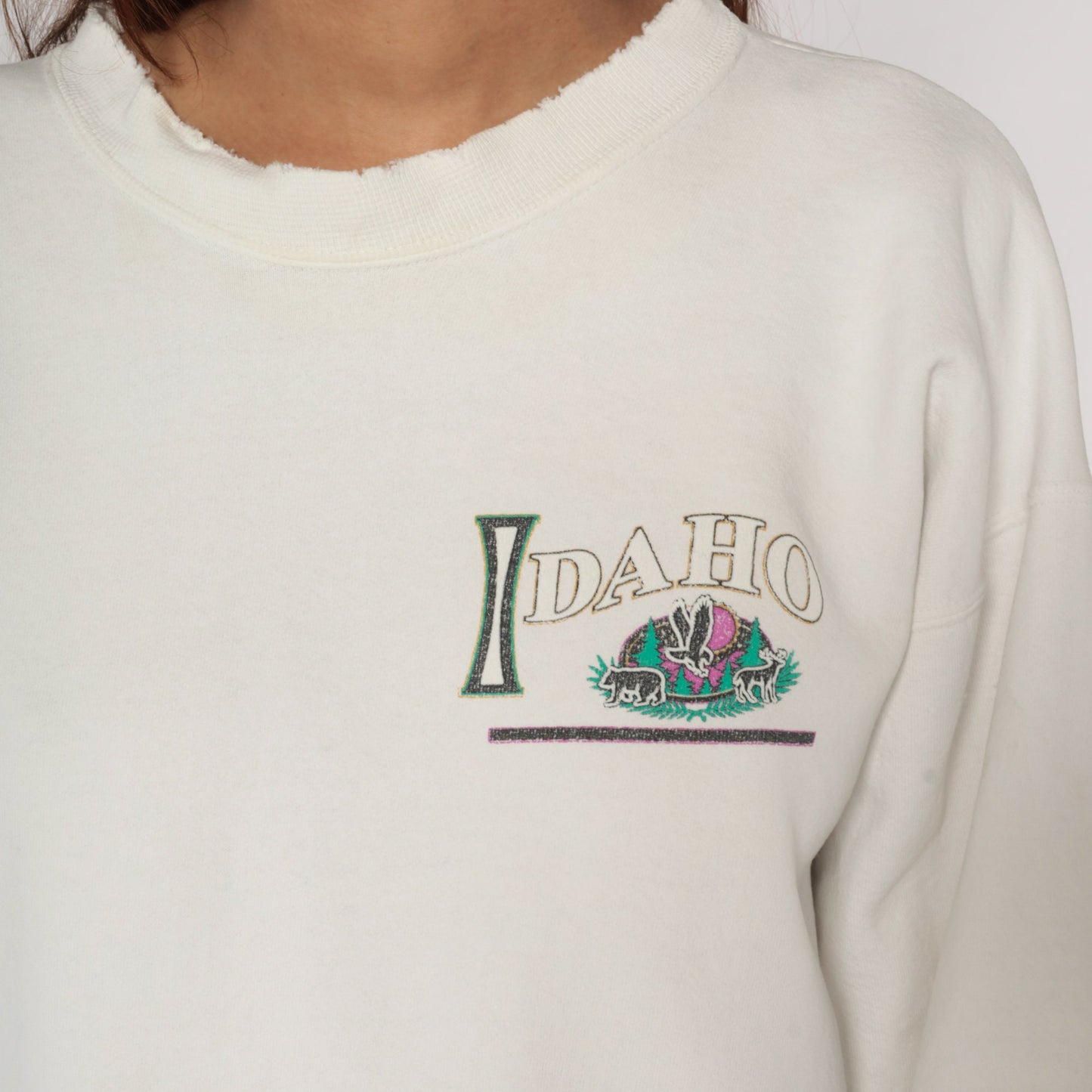 90s Idaho Gem State Wildlife Graphic Sweatshirt White Crewneck Large