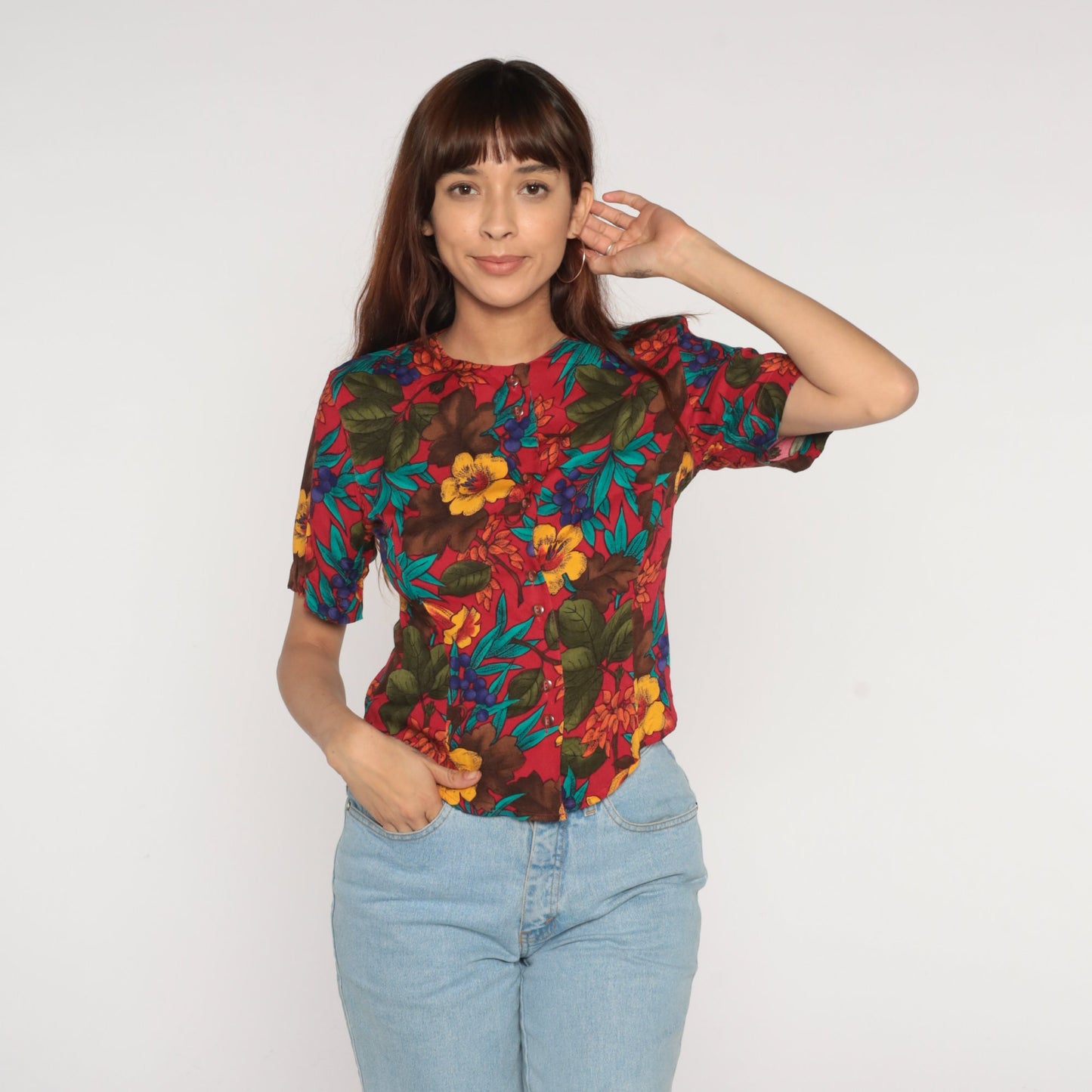 90s Red Floral Rayon Button-Up Blouse Short Sleeve Small