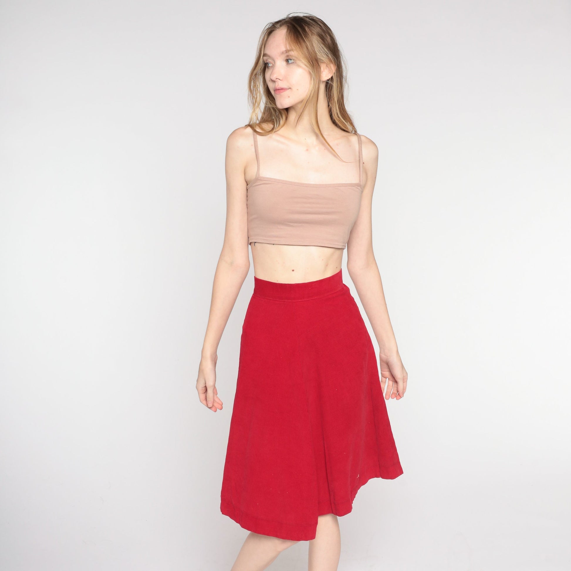 60s Red Corduroy Midi Skirt High Waisted Flared A-Line XXS