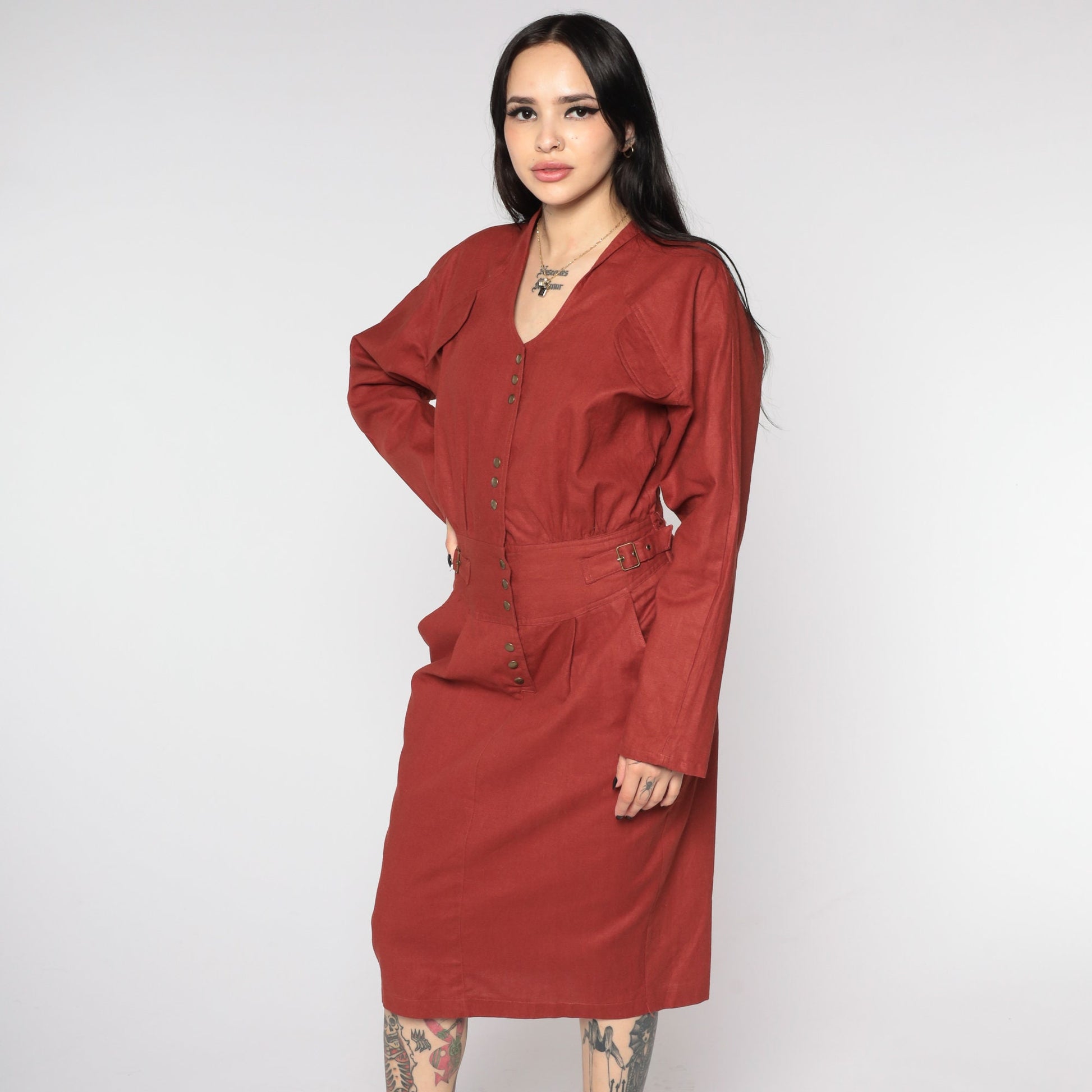 80s Rust Button-Up Sheath Dress V-Neck Long Sleeve Midi Medium