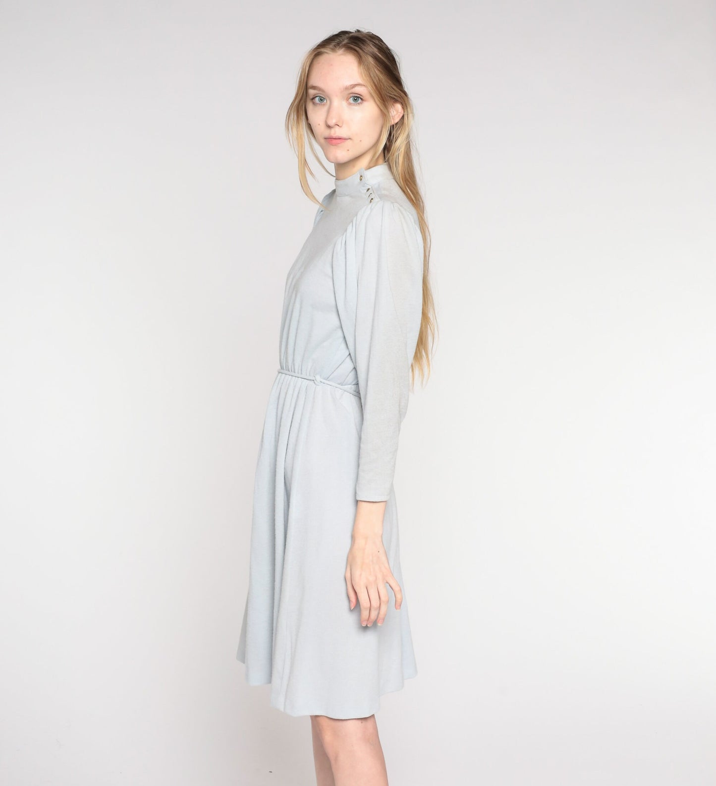 80s Byer Too Puff Sleeve Midi Dress Blue-Grey High Waist Small