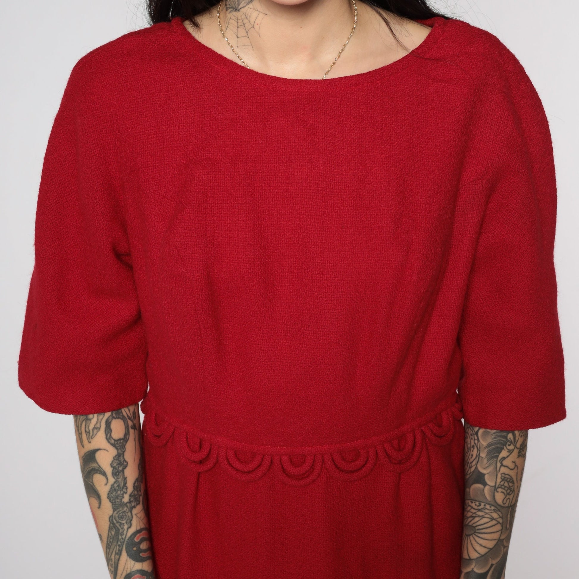 60s Stacy Ames Red Wool Midi Dress Half Sleeve High Waist Medium