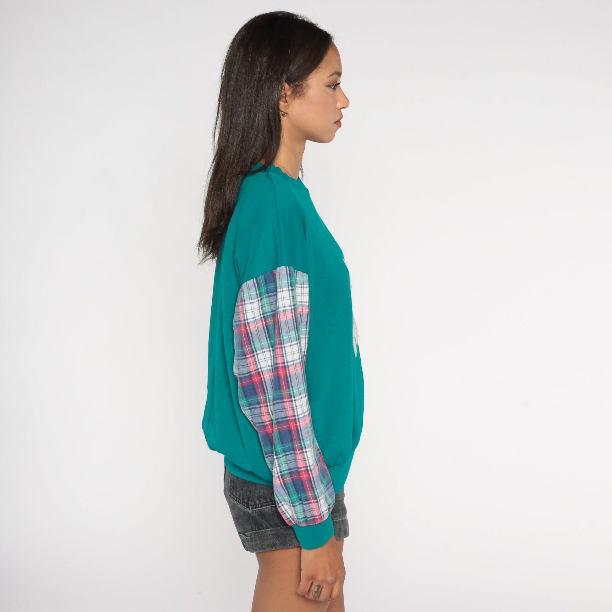 90s Teddy Bear Teal Plaid Sleeve Crewneck Sweatshirt Large L