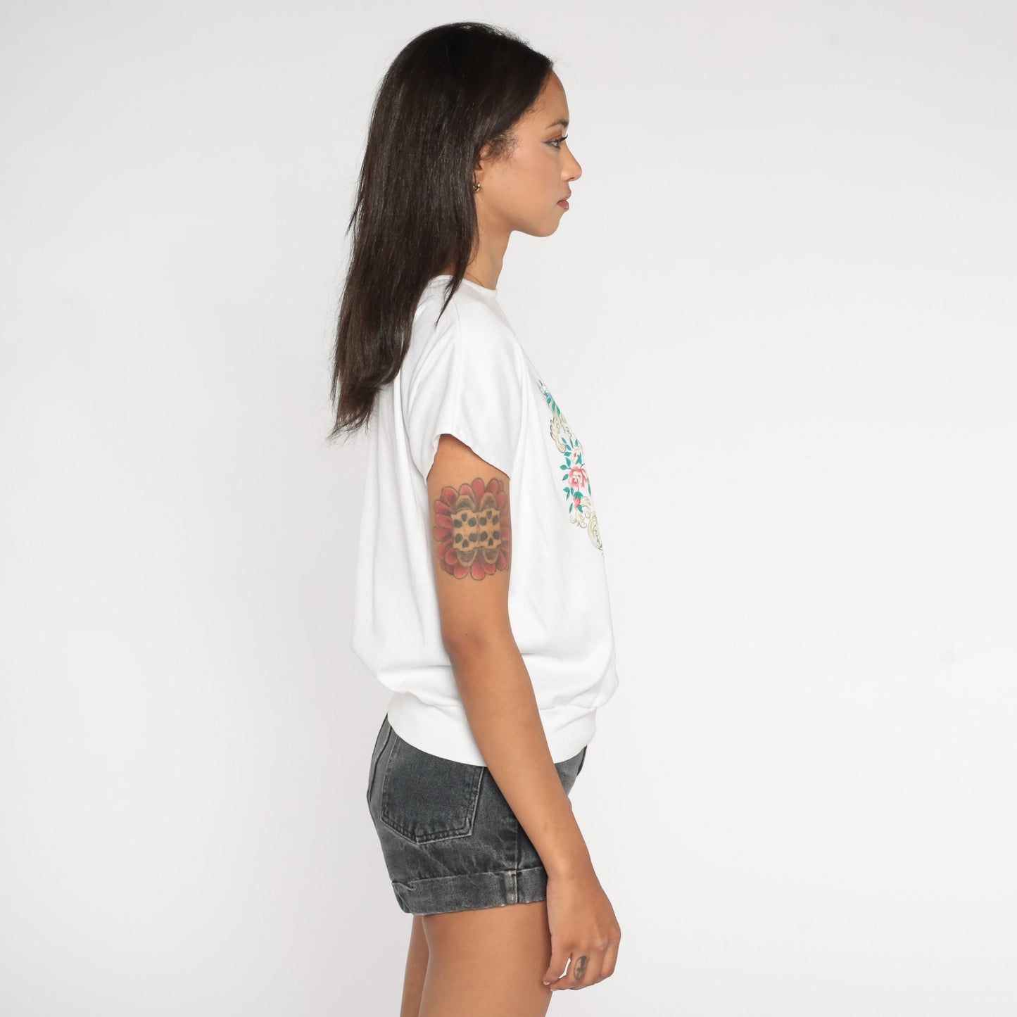 80s White Floral Print Short Sleeve Shirt Loose Fit Blouse Small S